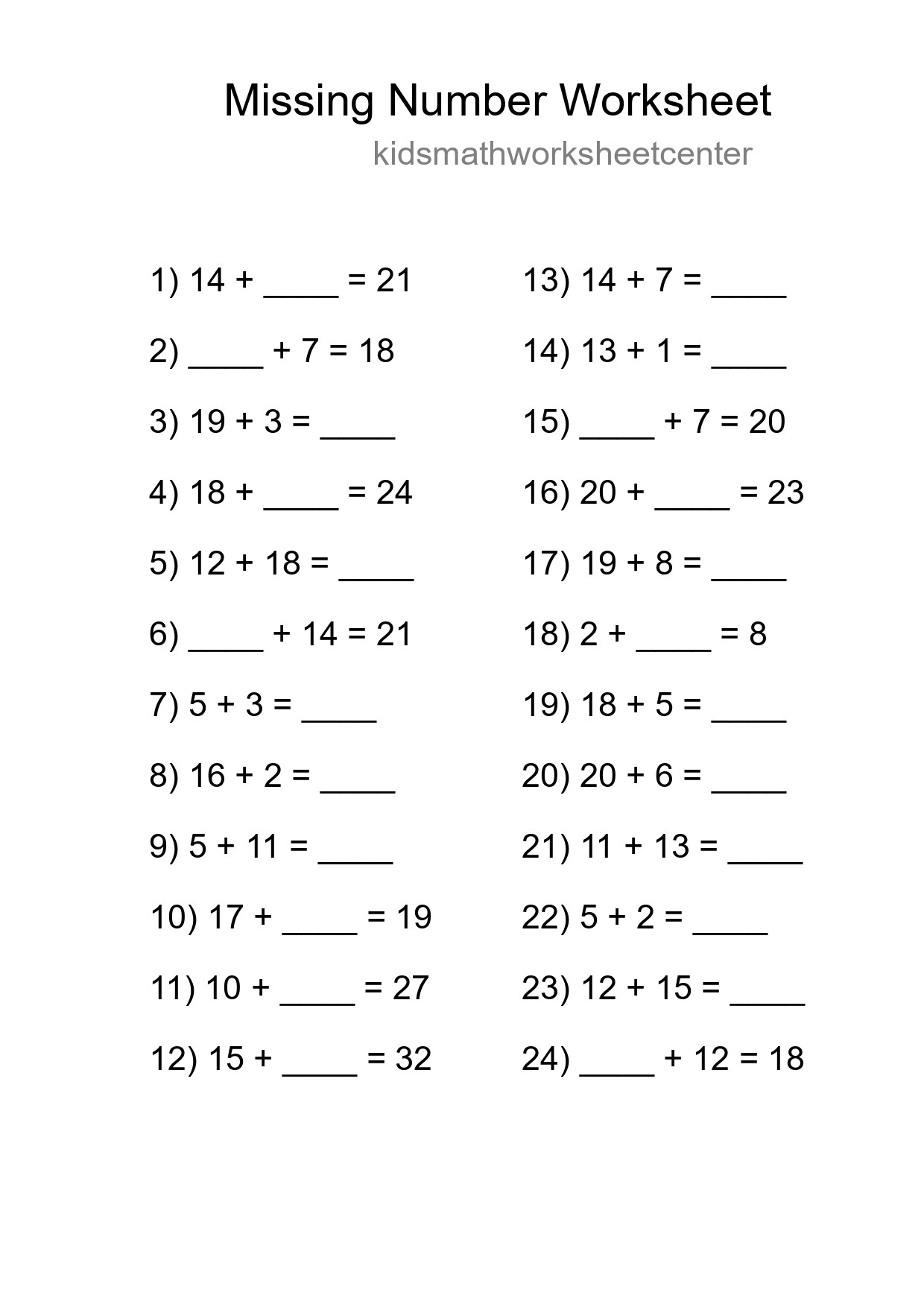 Missing Number Math Worksheet