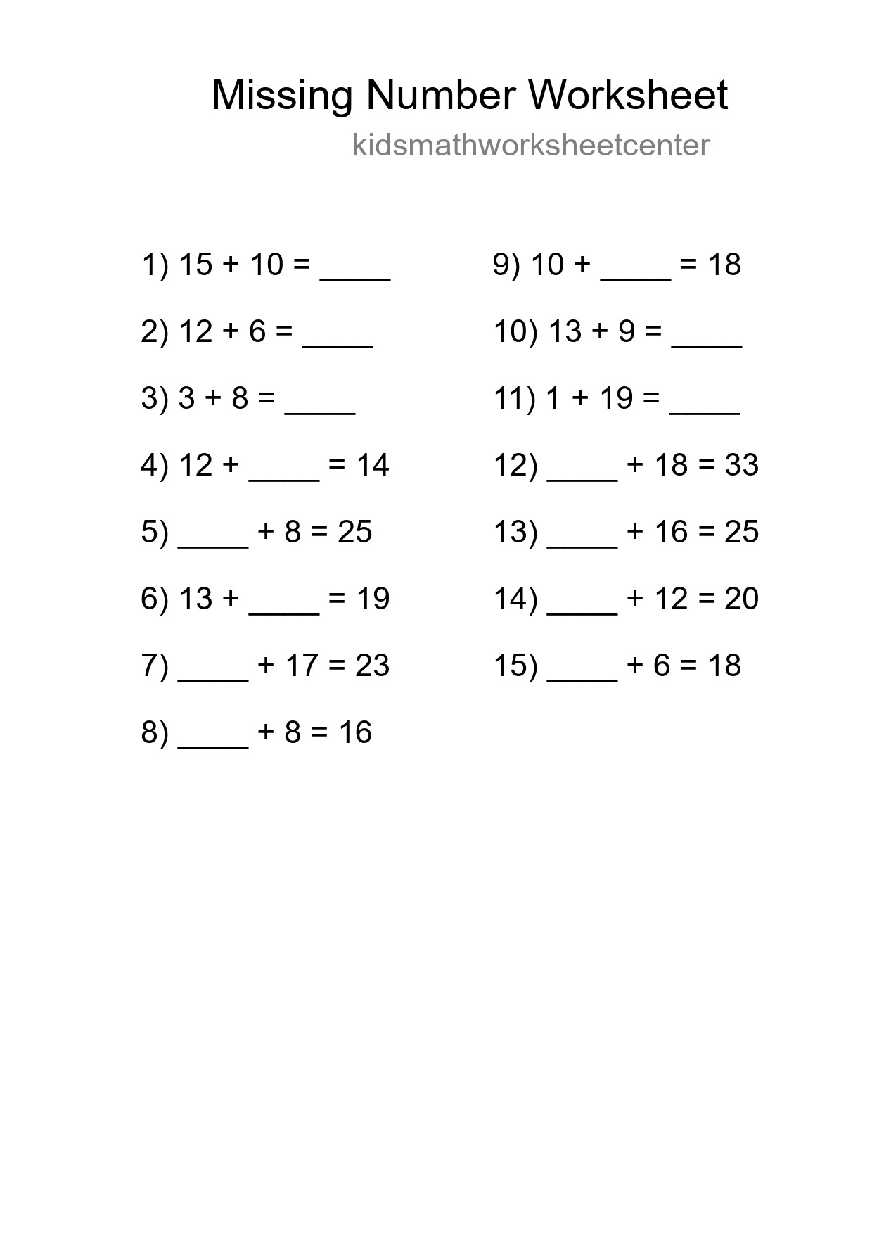 Missing Number Math Worksheet