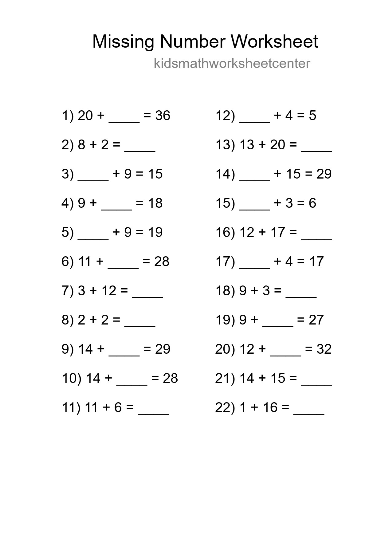 Missing Number Math Worksheet