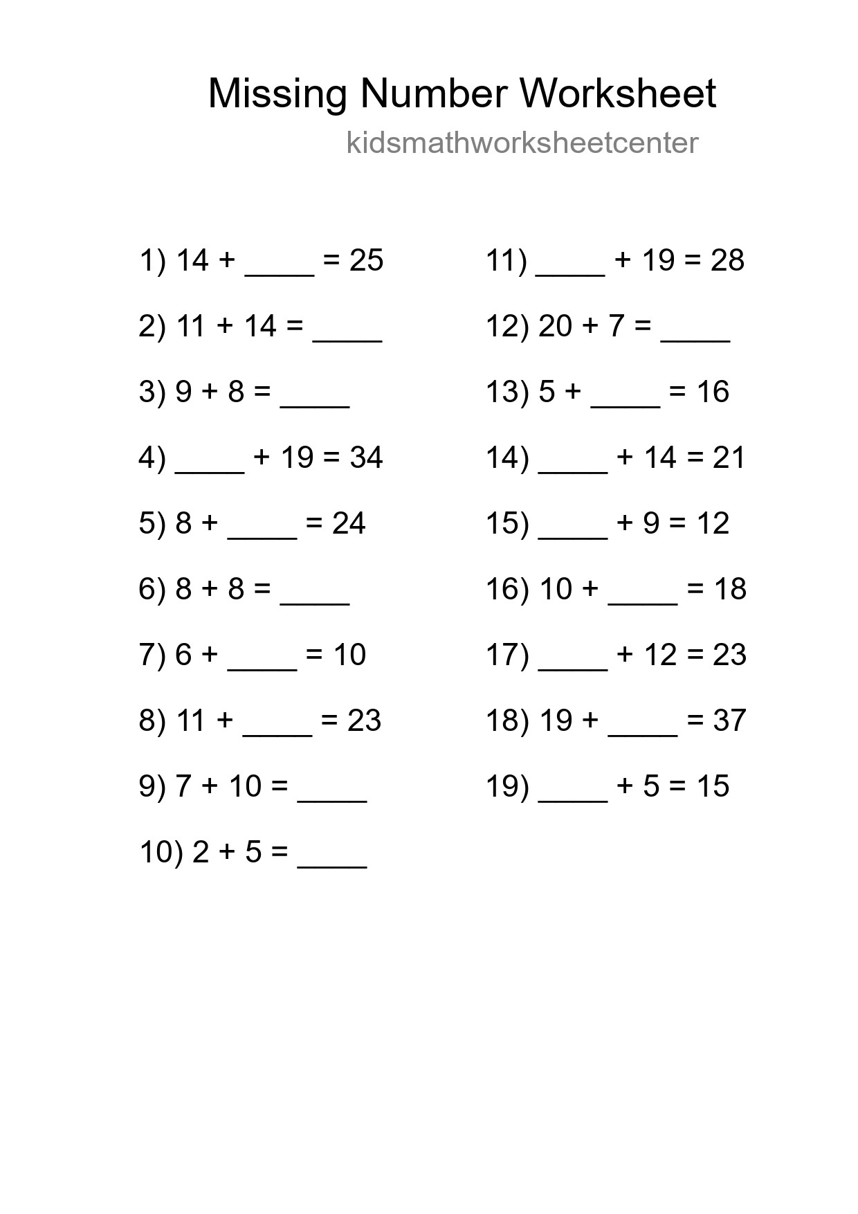 Missing Number Math Worksheet
