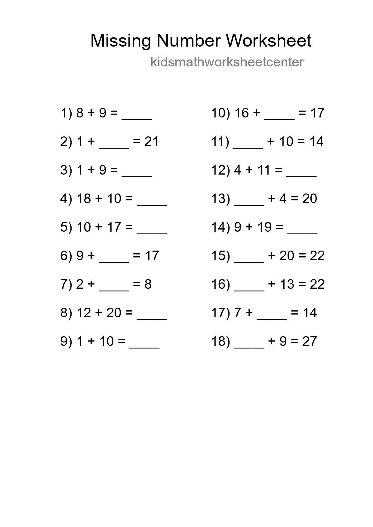 Missing Number Math Worksheet