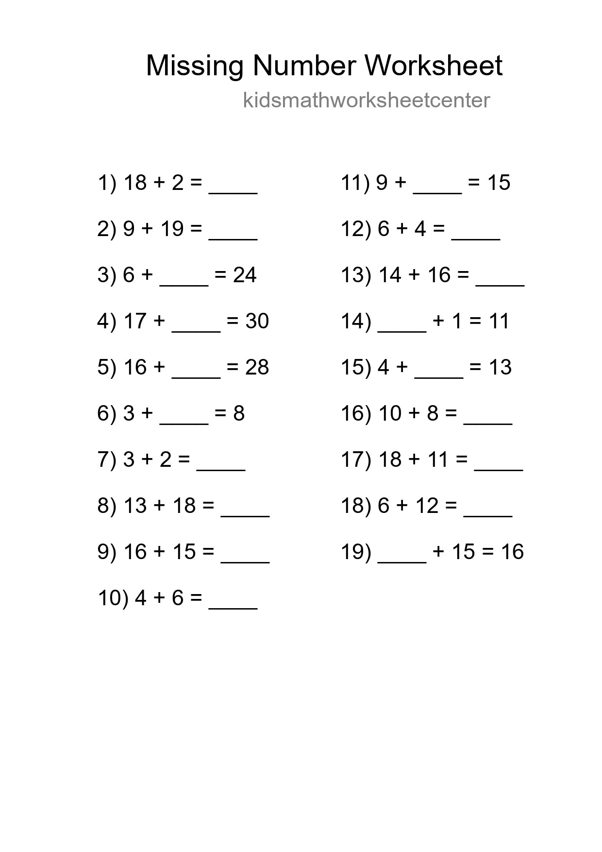 Missing Number Math Worksheet