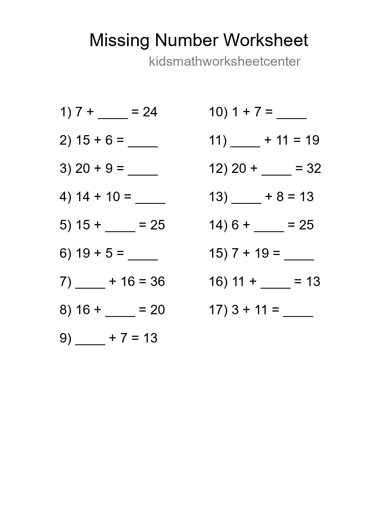 Missing Number Math Worksheet