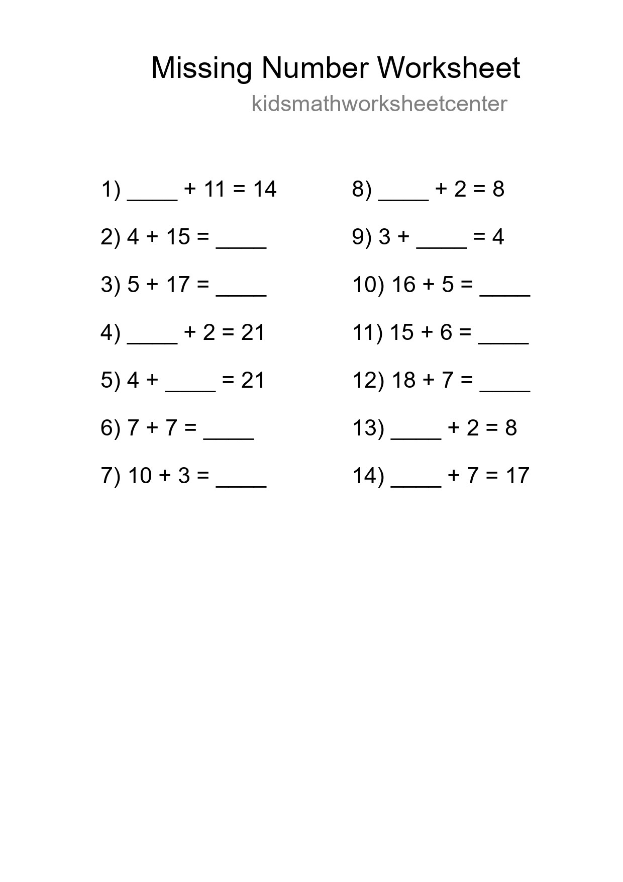 Missing Number Math Worksheet