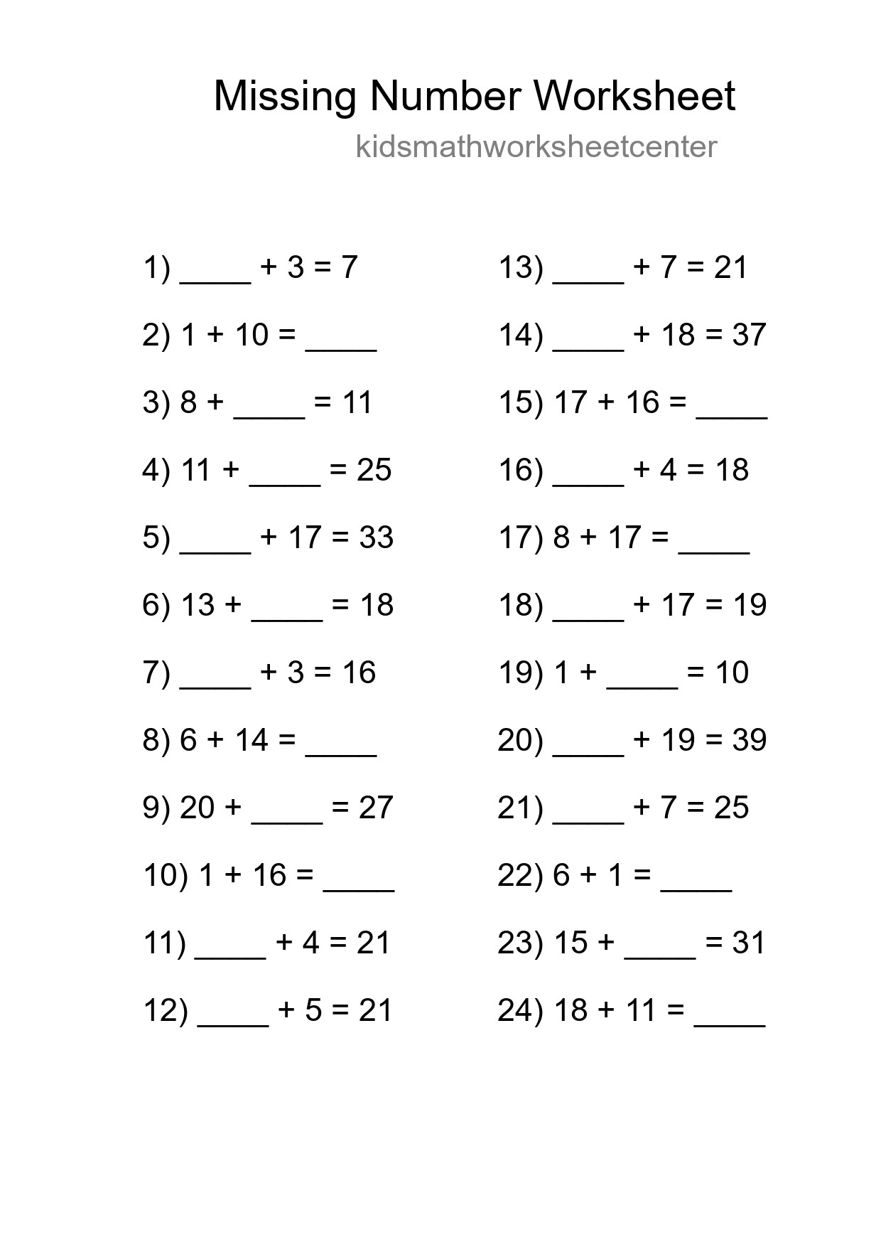 Missing Number Math Worksheet