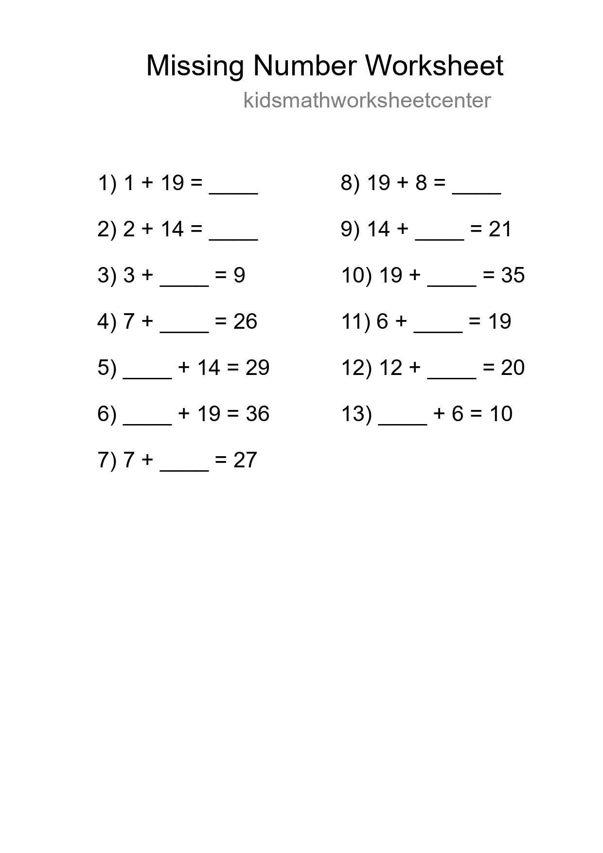 Missing Number Math Worksheet