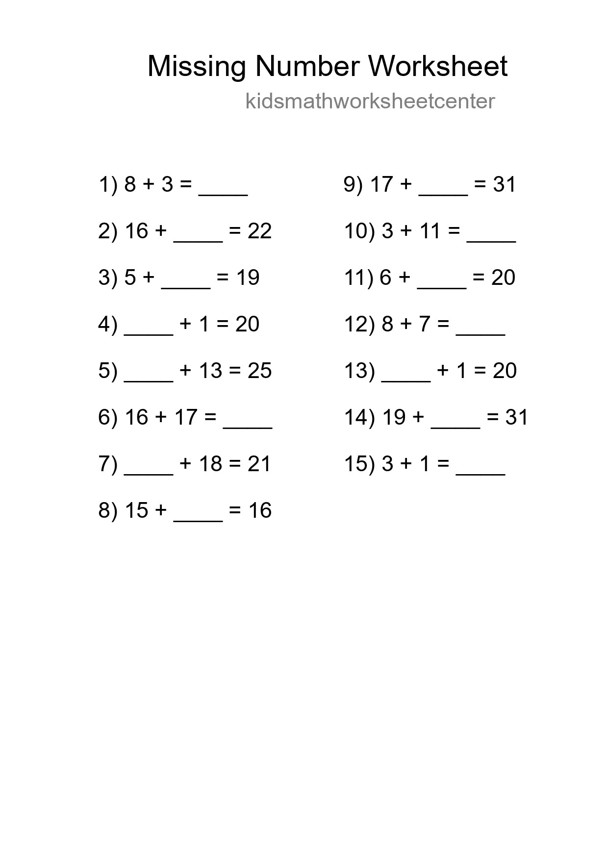 Missing Number Math Worksheet