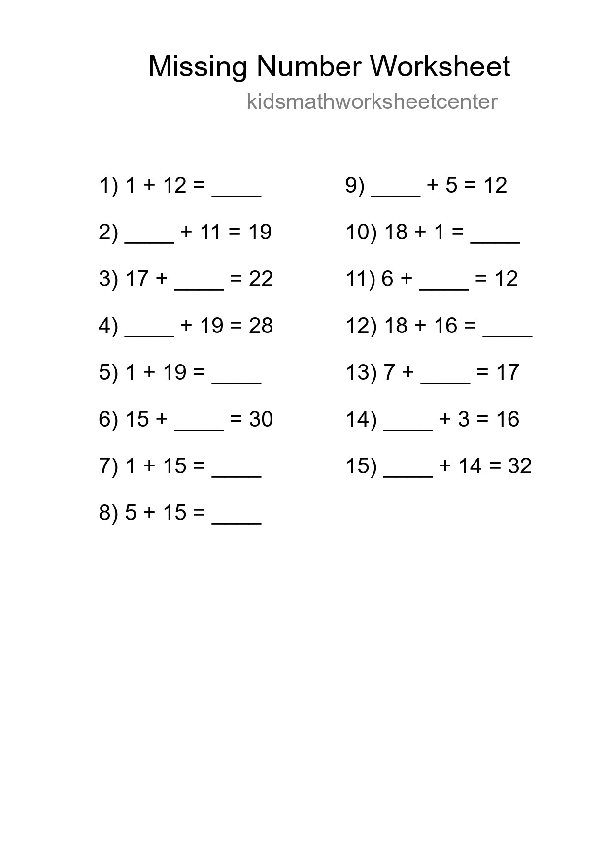 Missing Number Math Worksheet