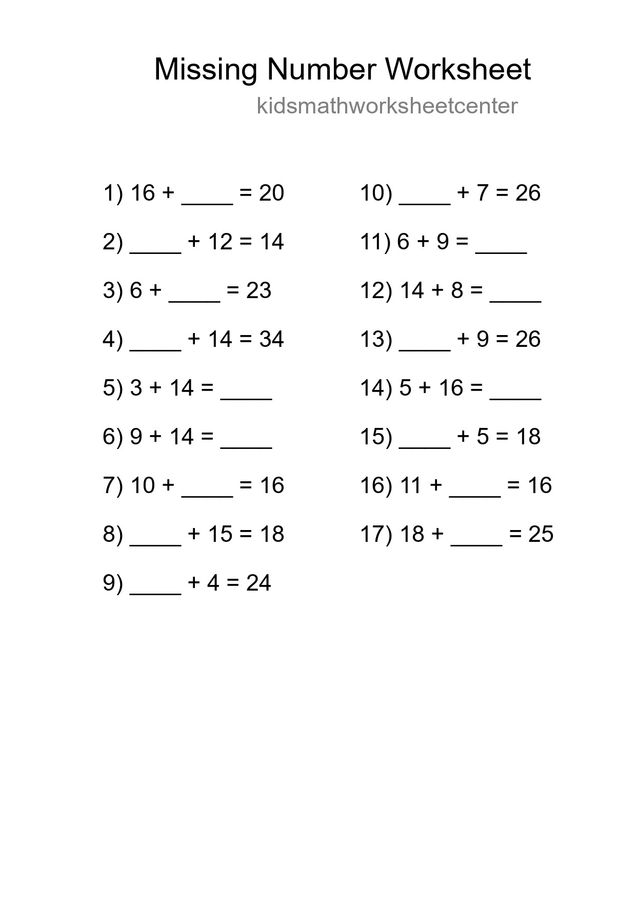 Missing Number Math Worksheet