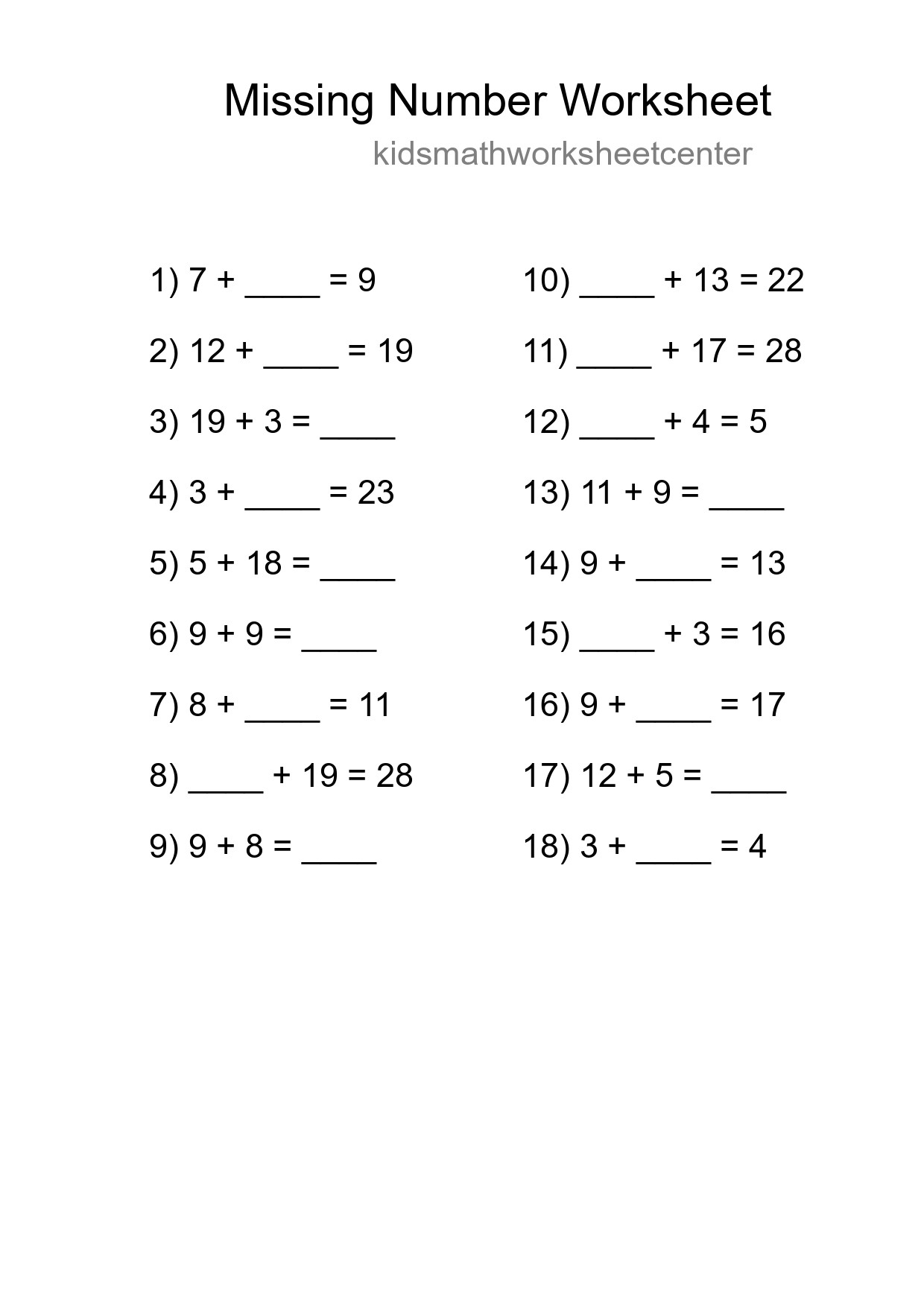 Missing Number Math Worksheet