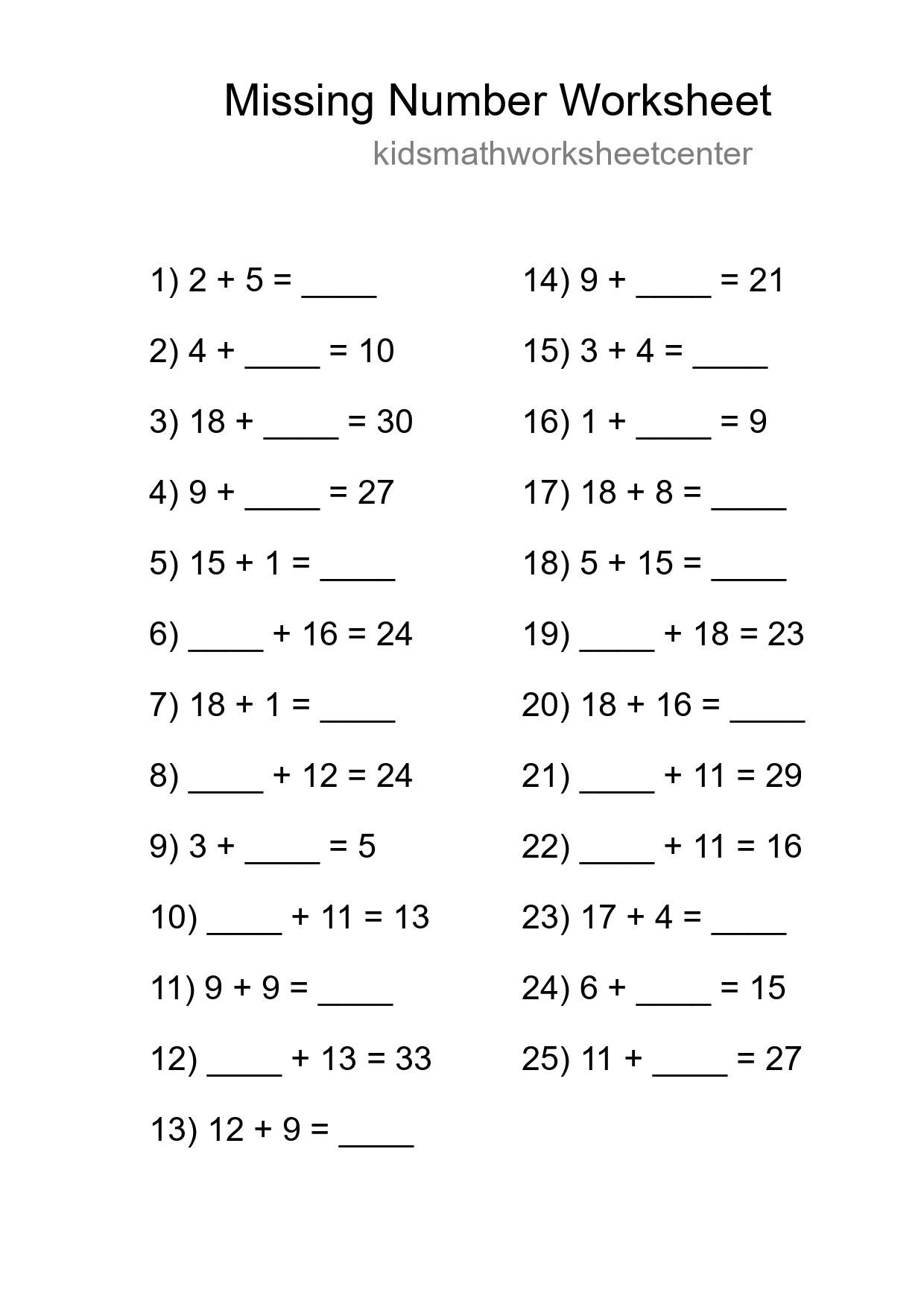 Missing Number Math Worksheet
