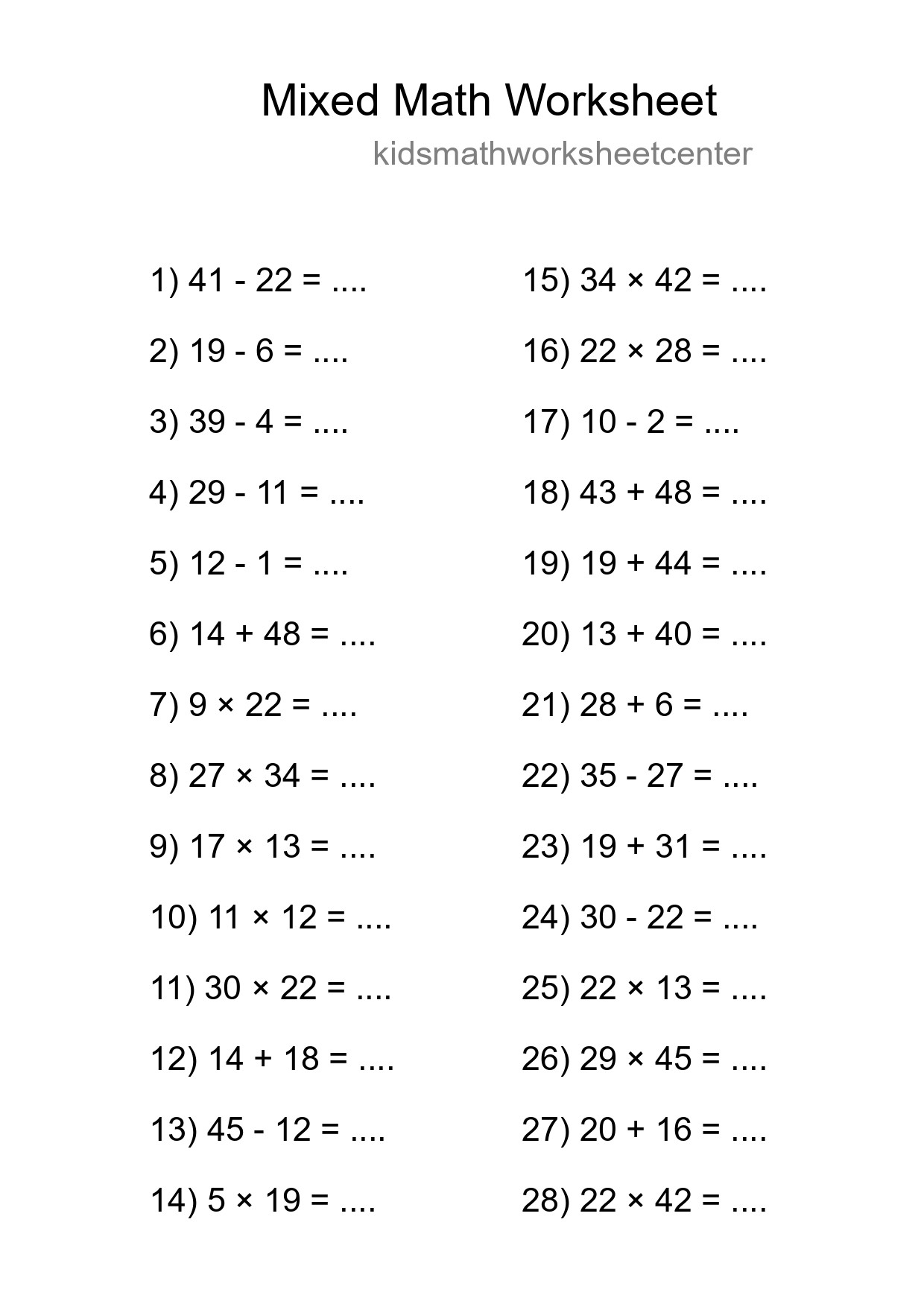 Mixed Operations Math Worksheet