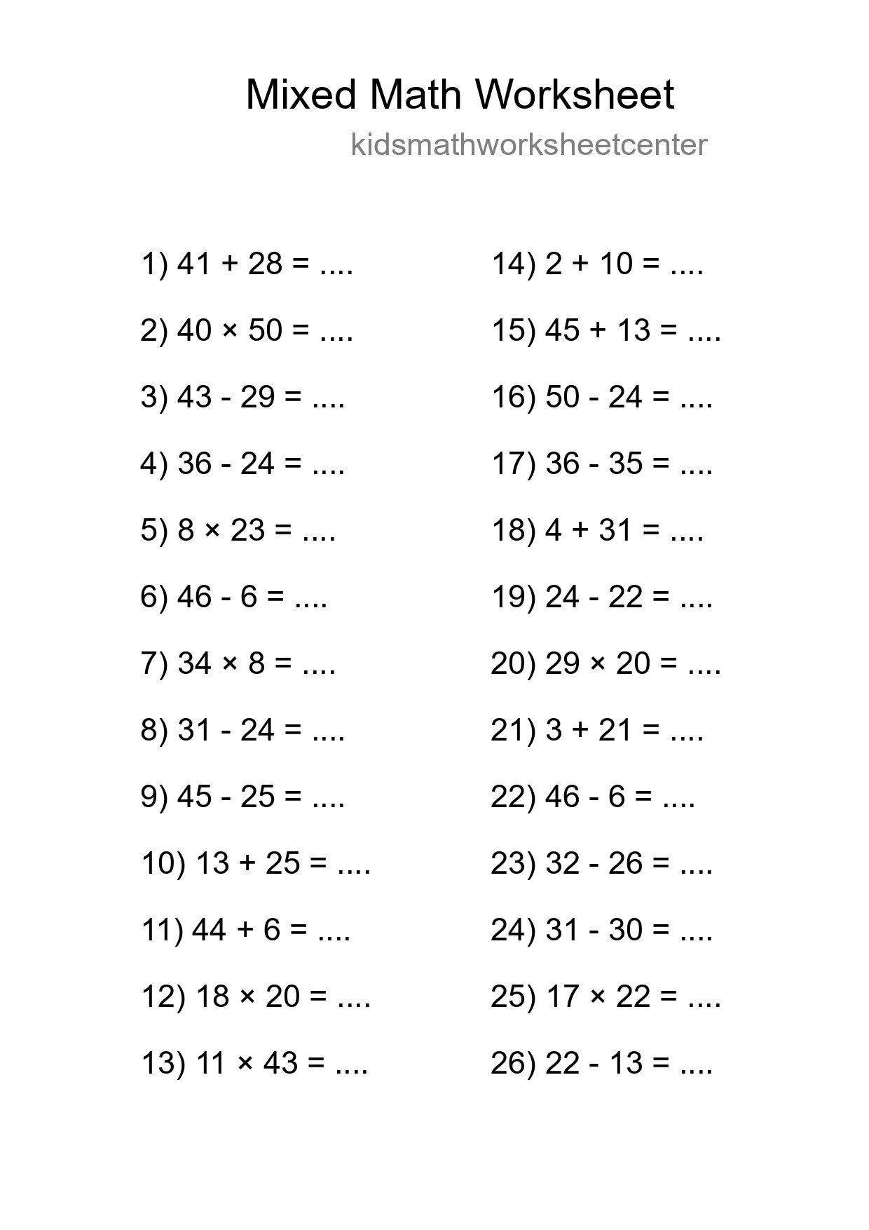 Mixed Operations Math Worksheet