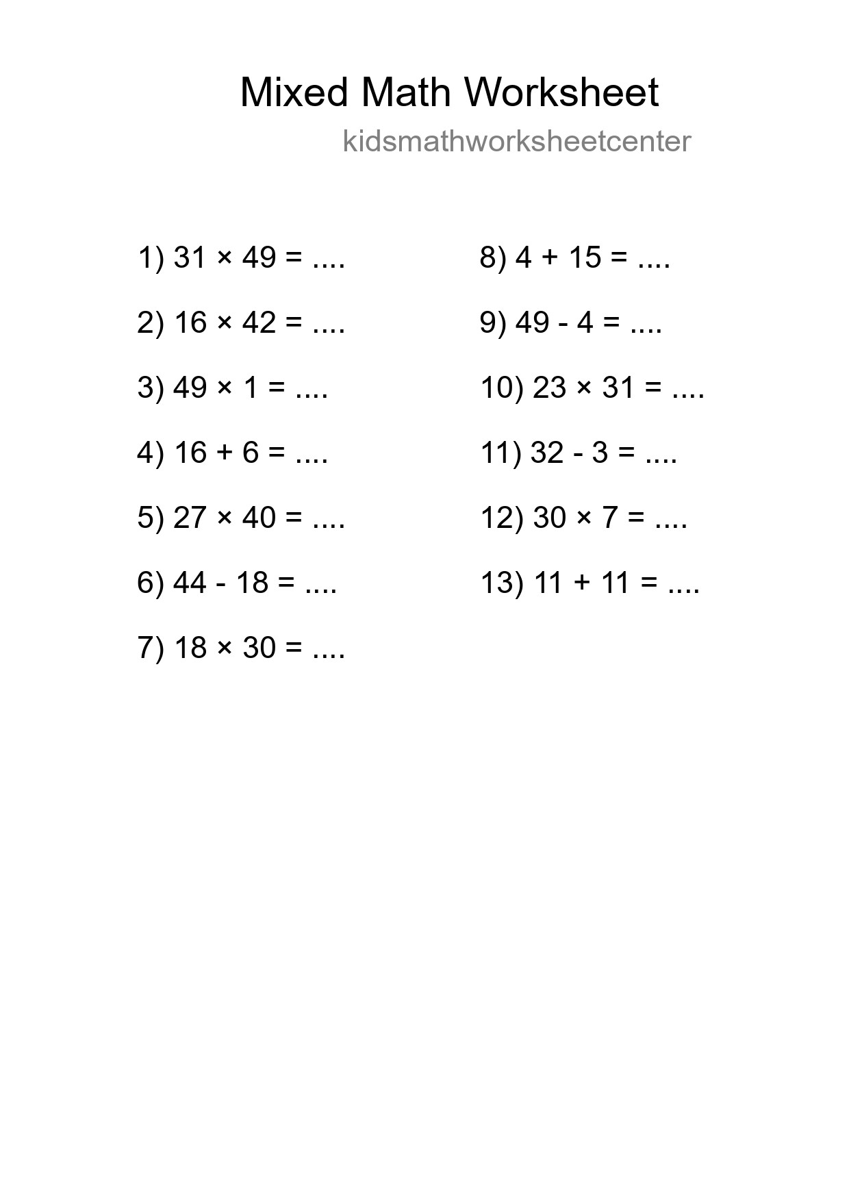 Mixed Operations Math Worksheet