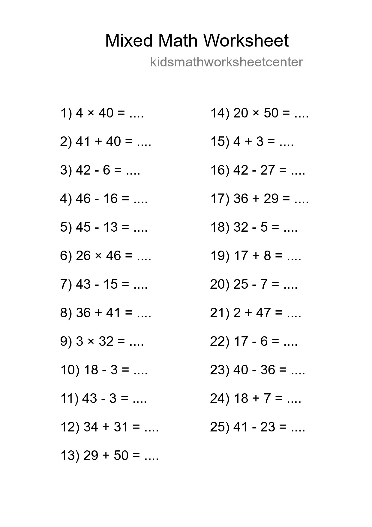 Mixed Operations Math Worksheet