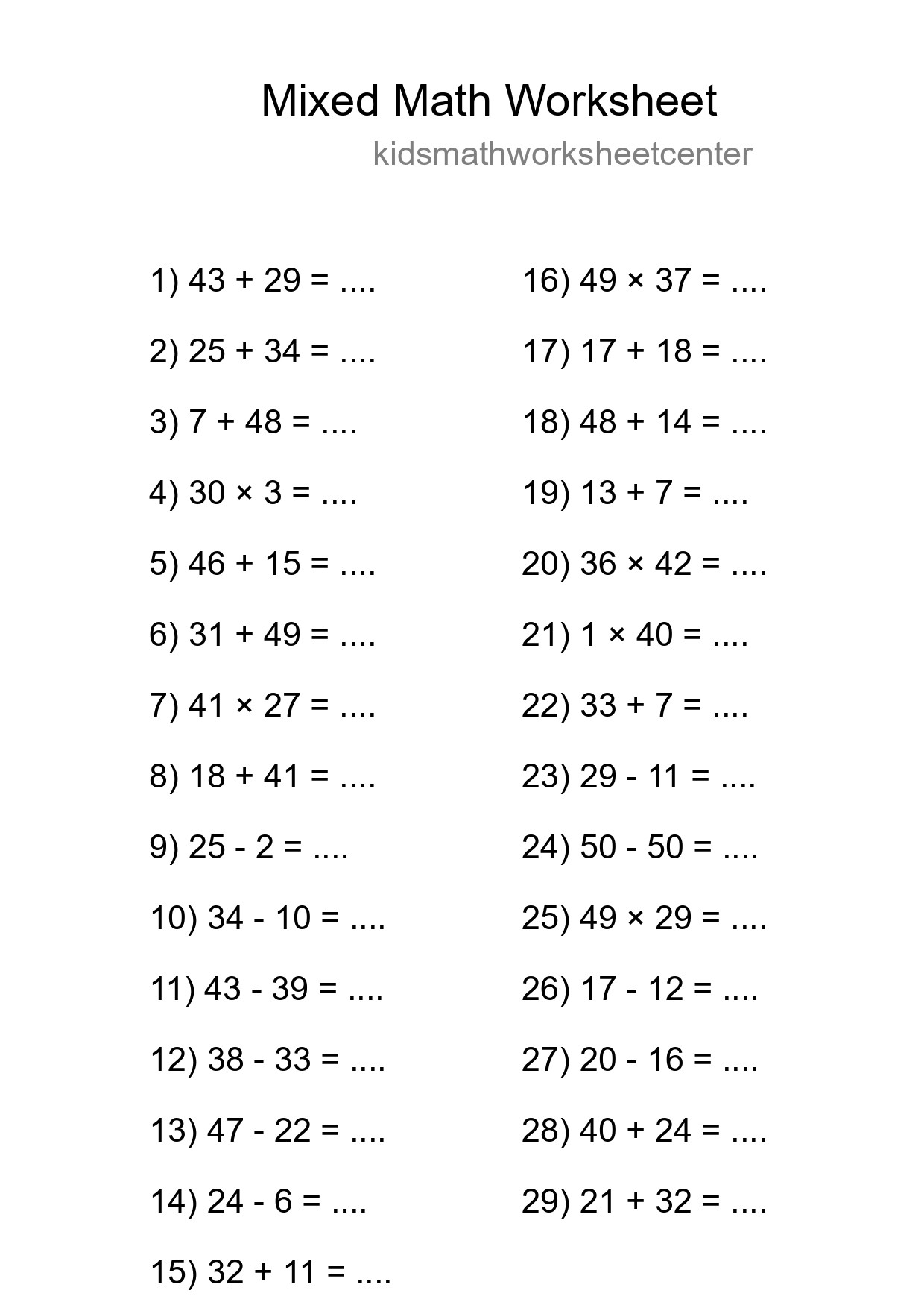 Mixed Operations Math Worksheet