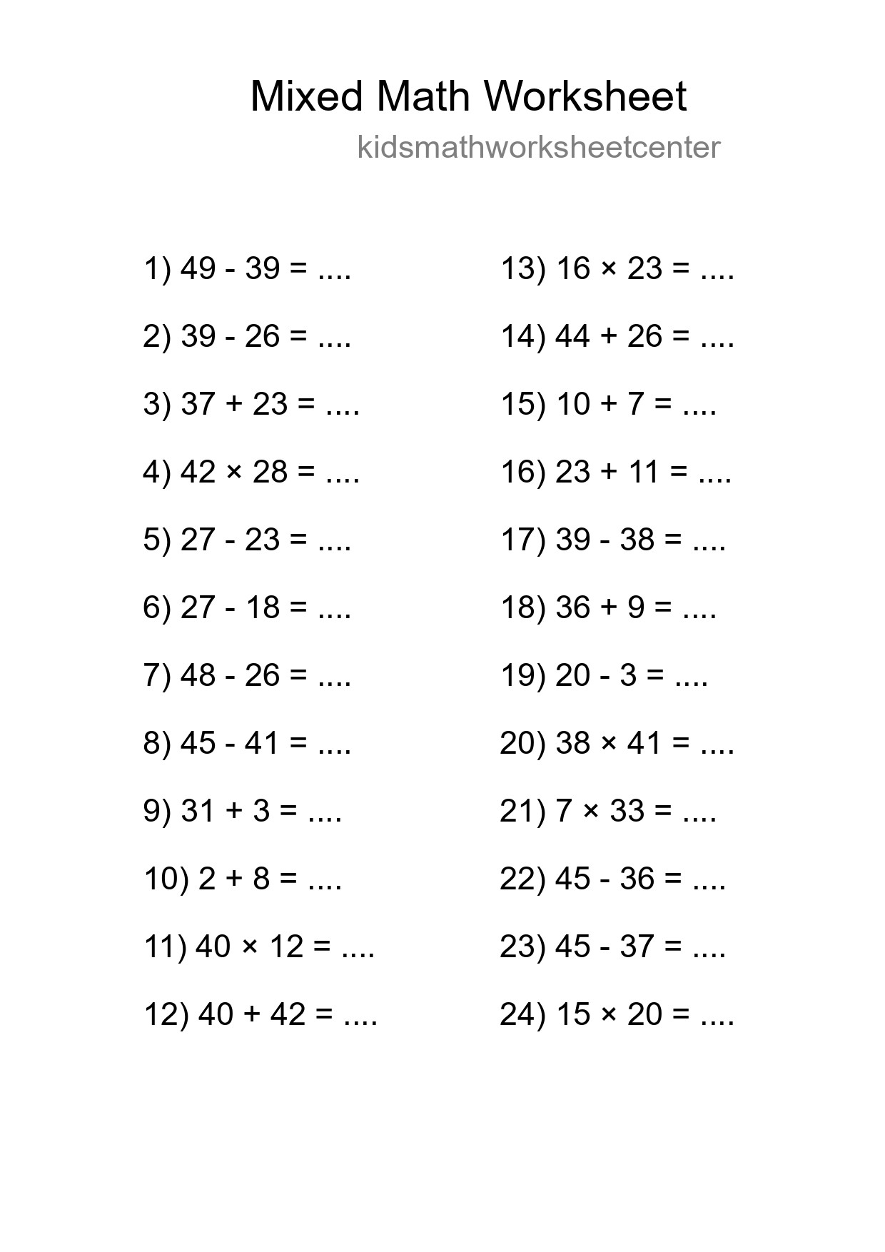 Mixed Operations Math Worksheet