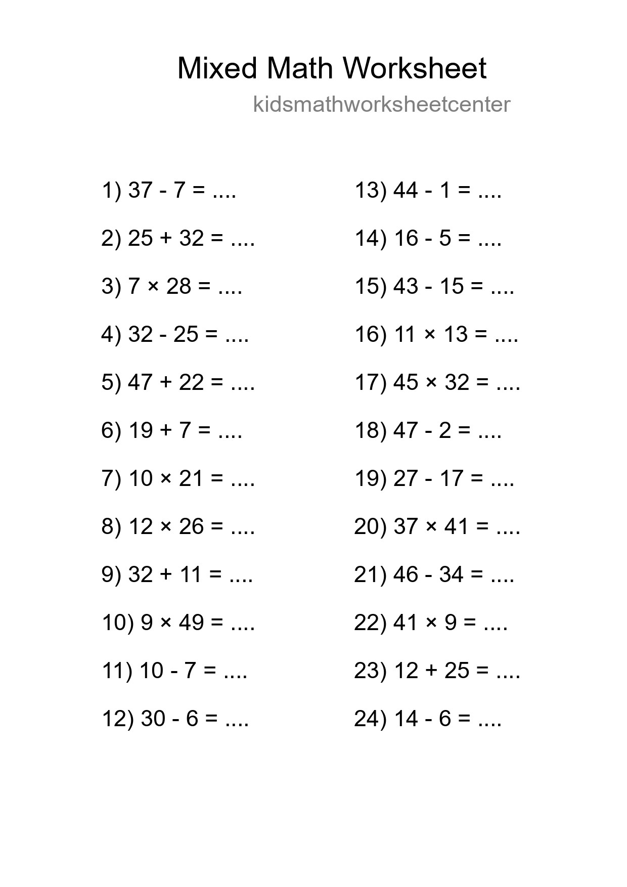 Mixed Operations Math Worksheet