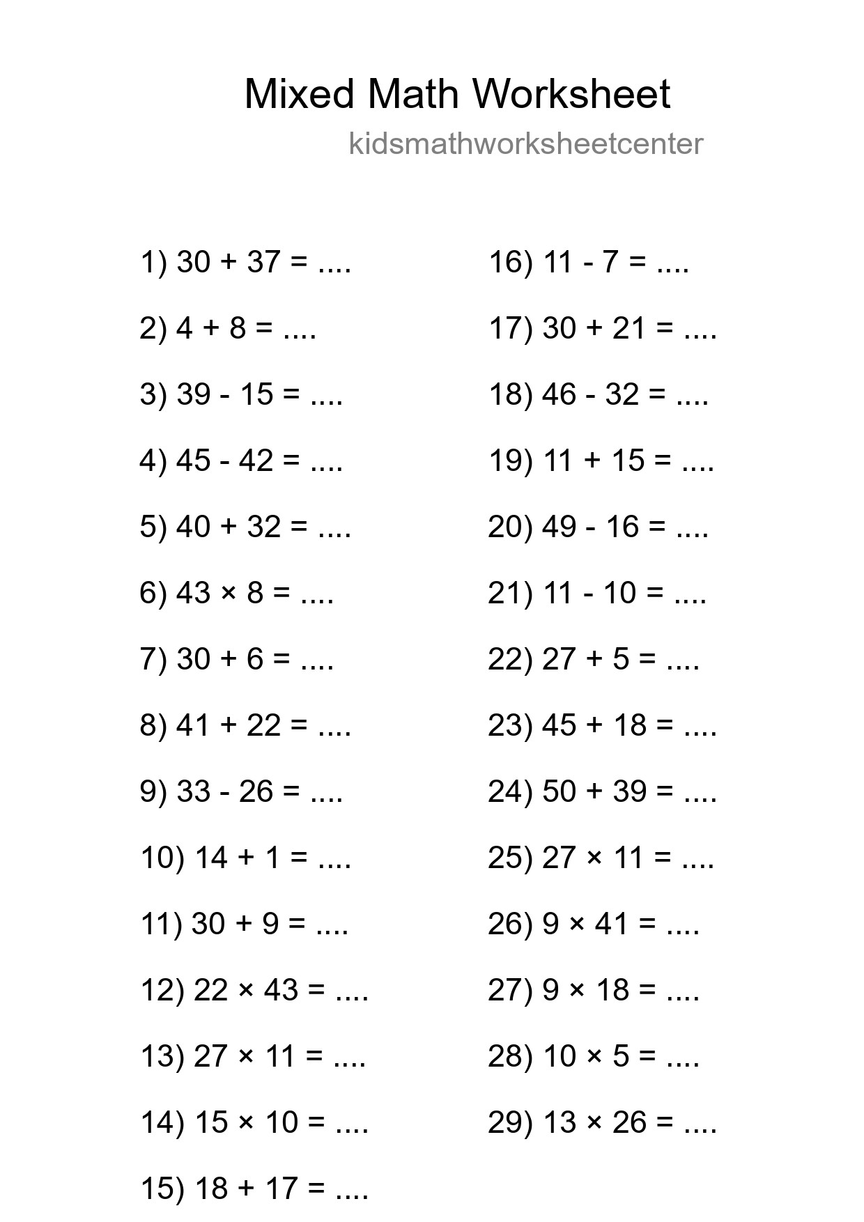 Mixed Operations Math Worksheet
