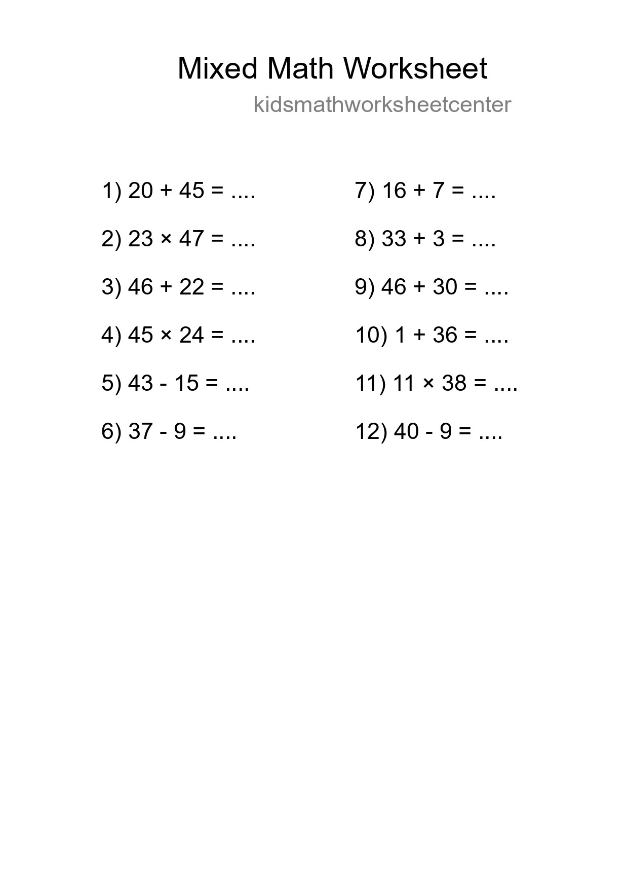 Mixed Operations Math Worksheet
