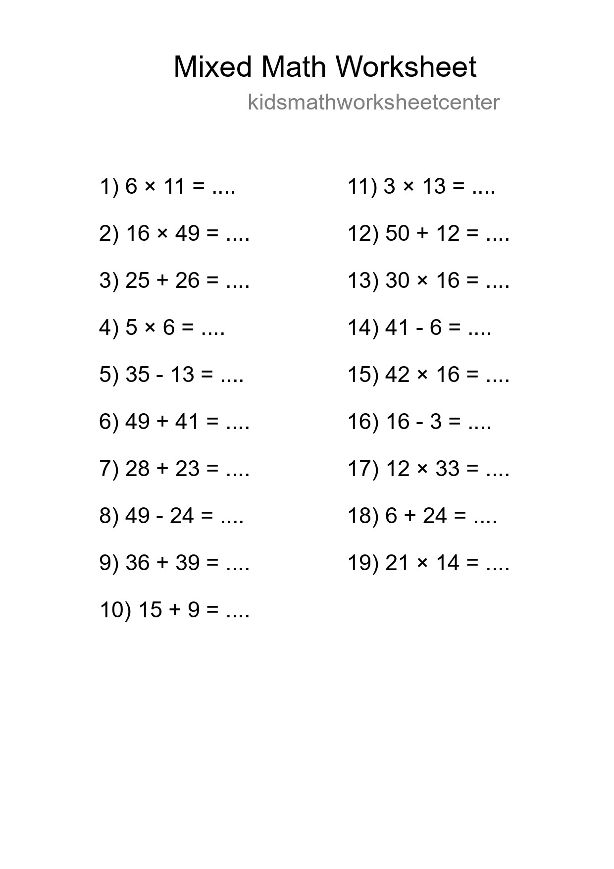 Mixed Operations Math Worksheet