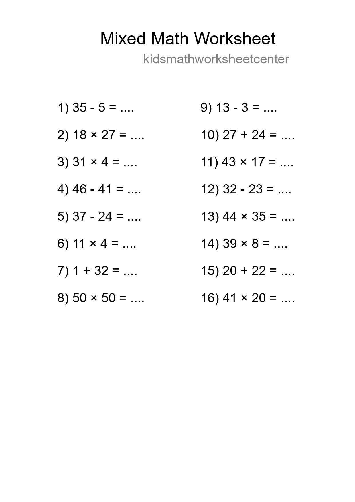 Mixed Operations Math Worksheet