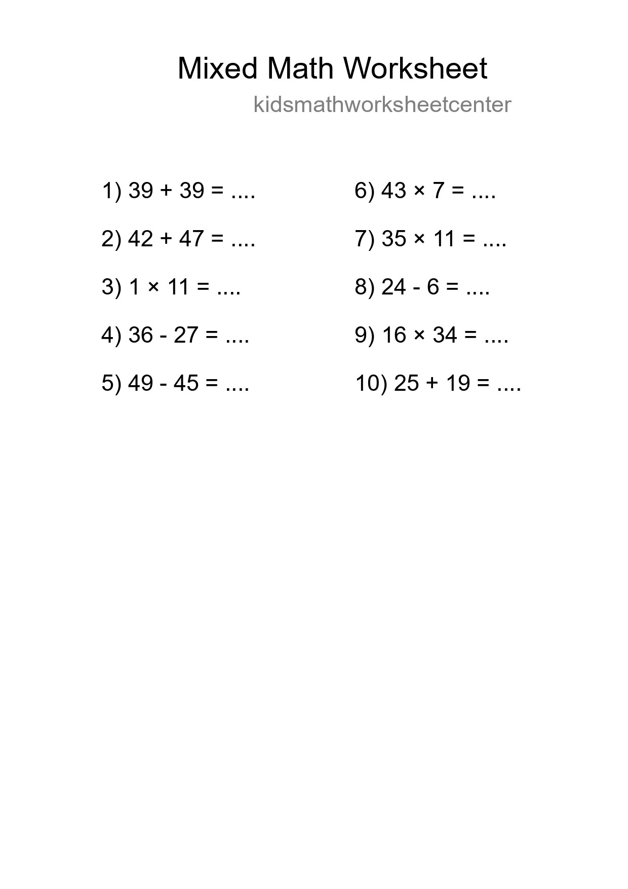 Mixed Operations Math Worksheet