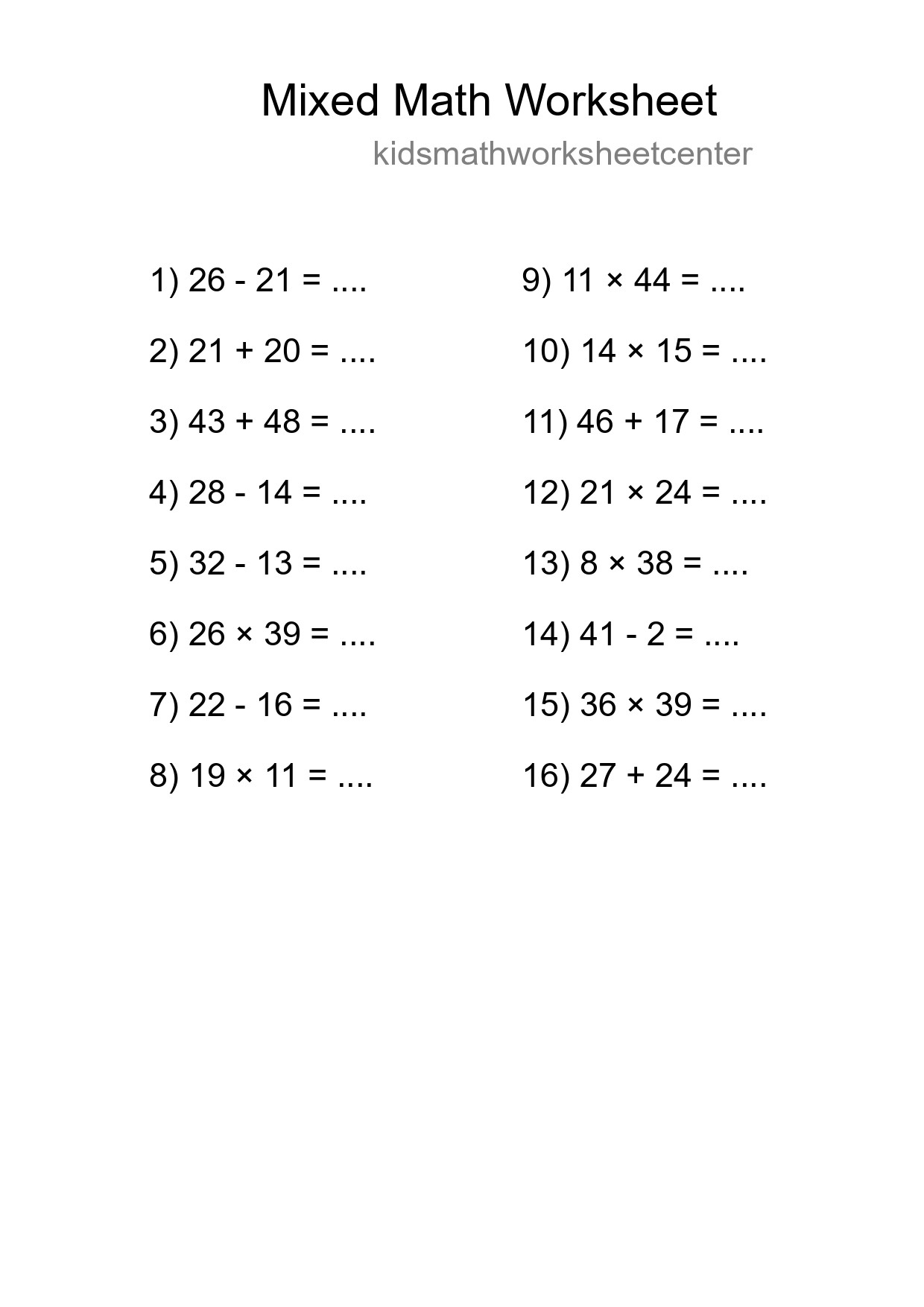 Mixed Operations Math Worksheet