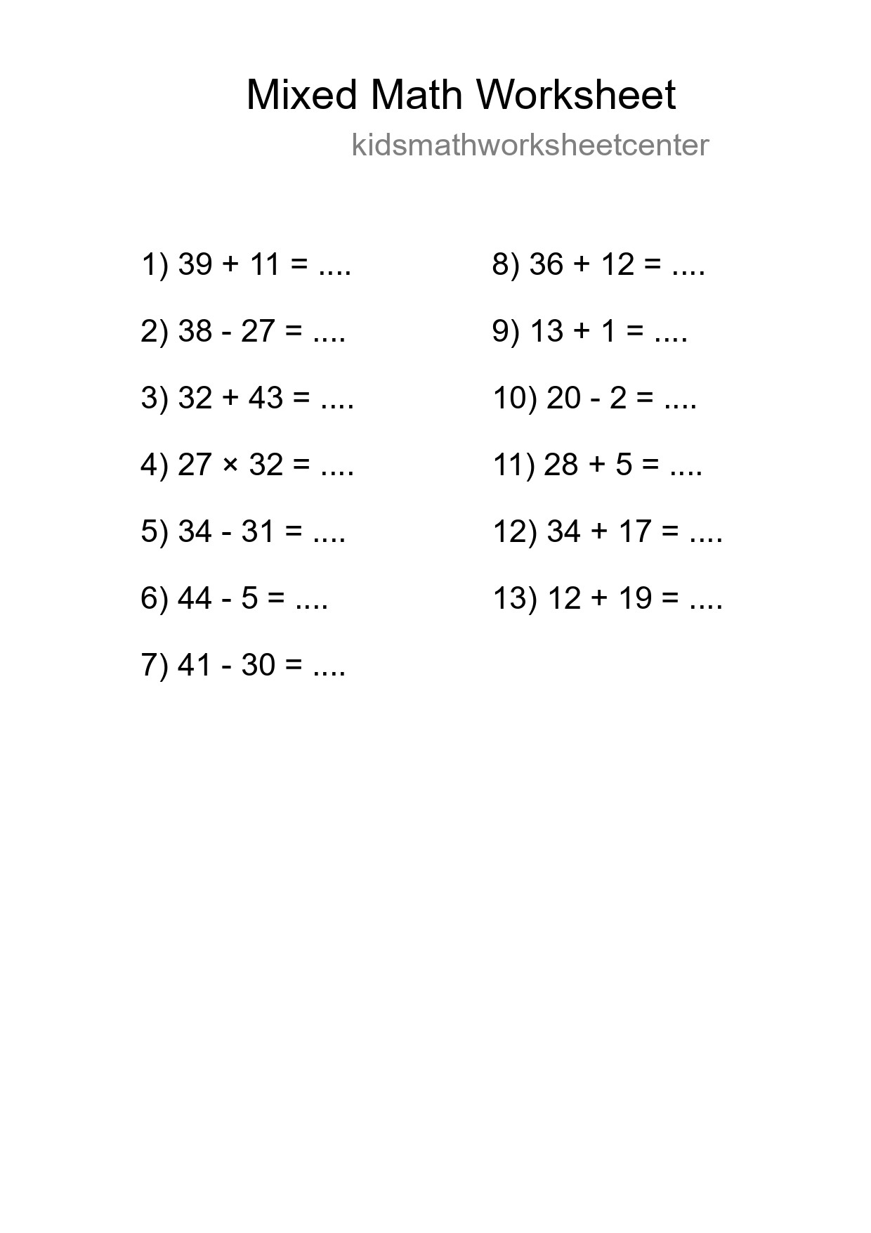 Mixed Operations Math Worksheet