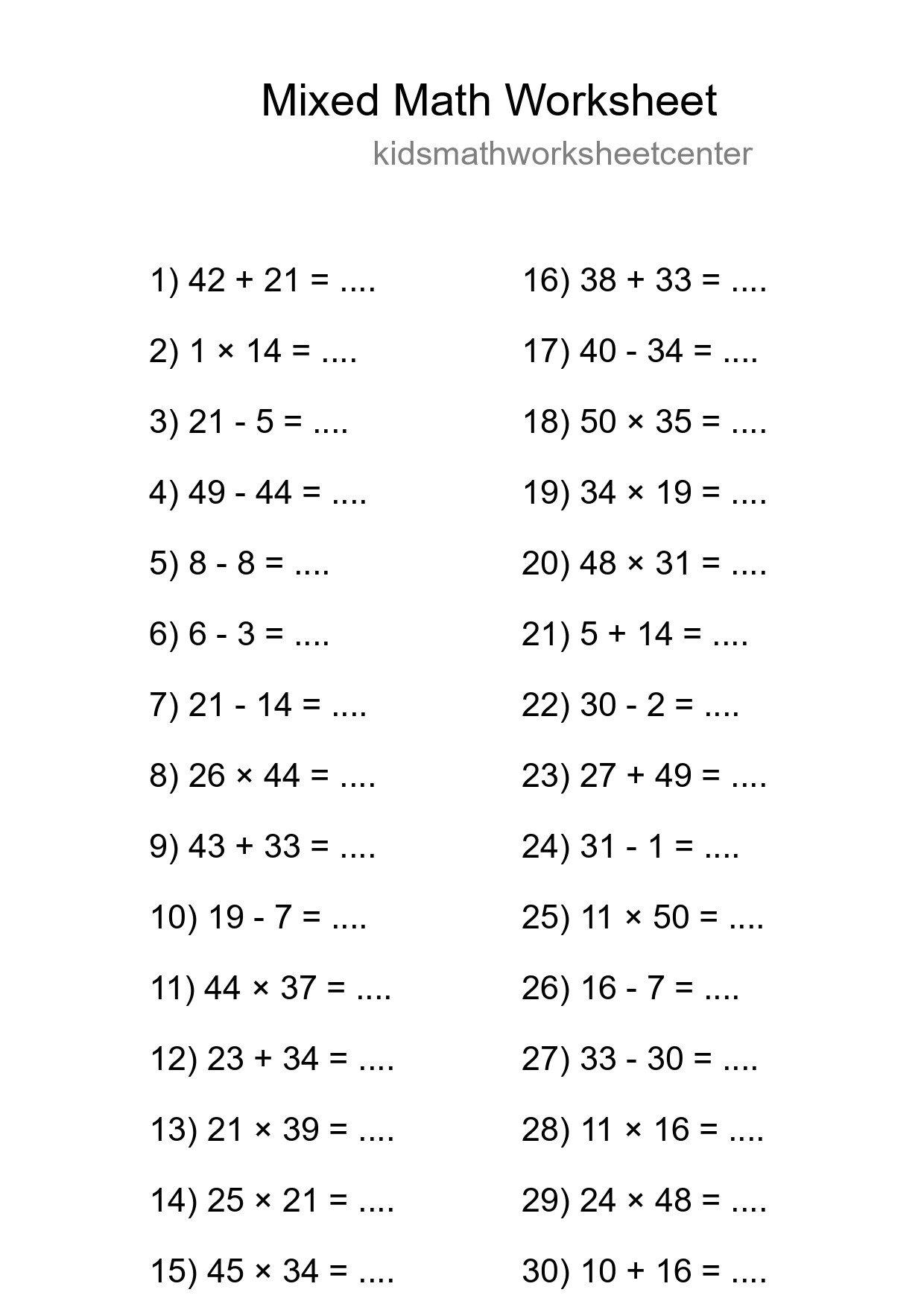 Mixed Operations Math Worksheet