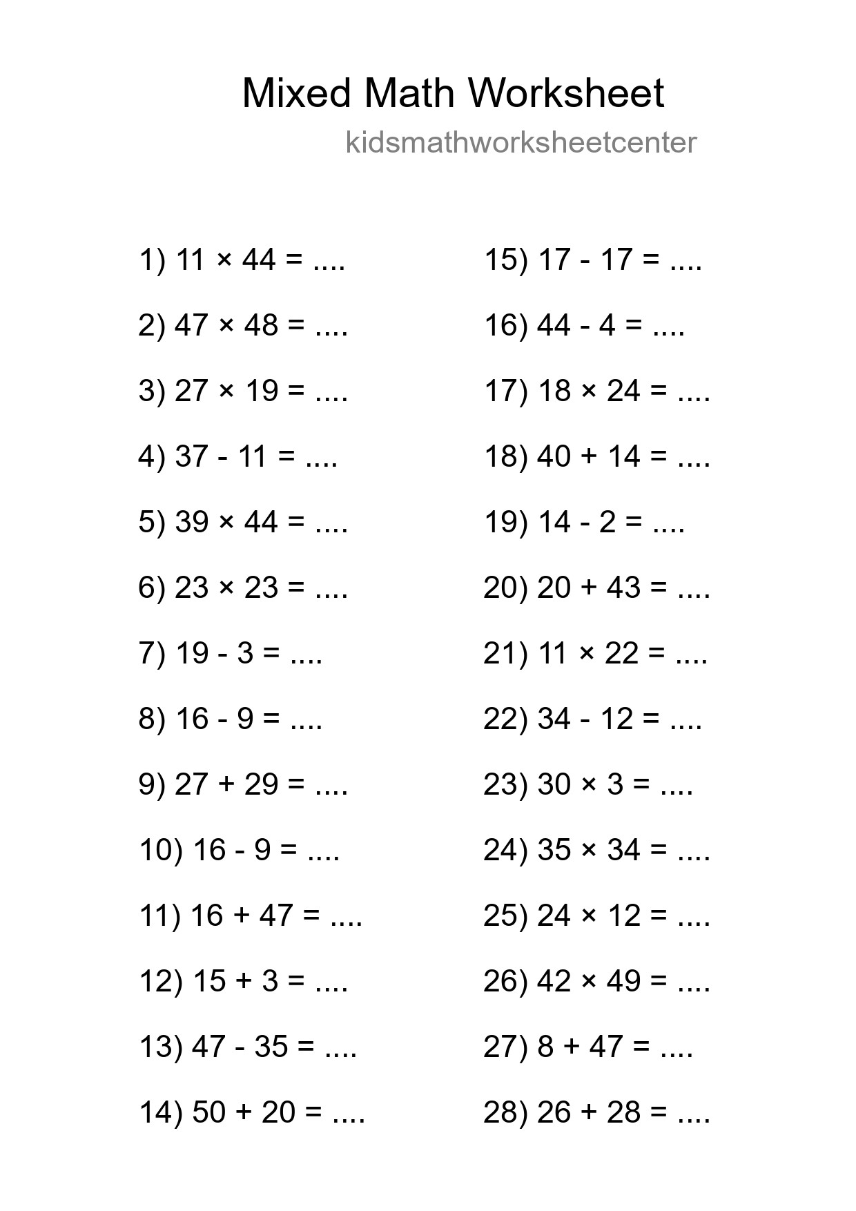 Mixed Operations Math Worksheet