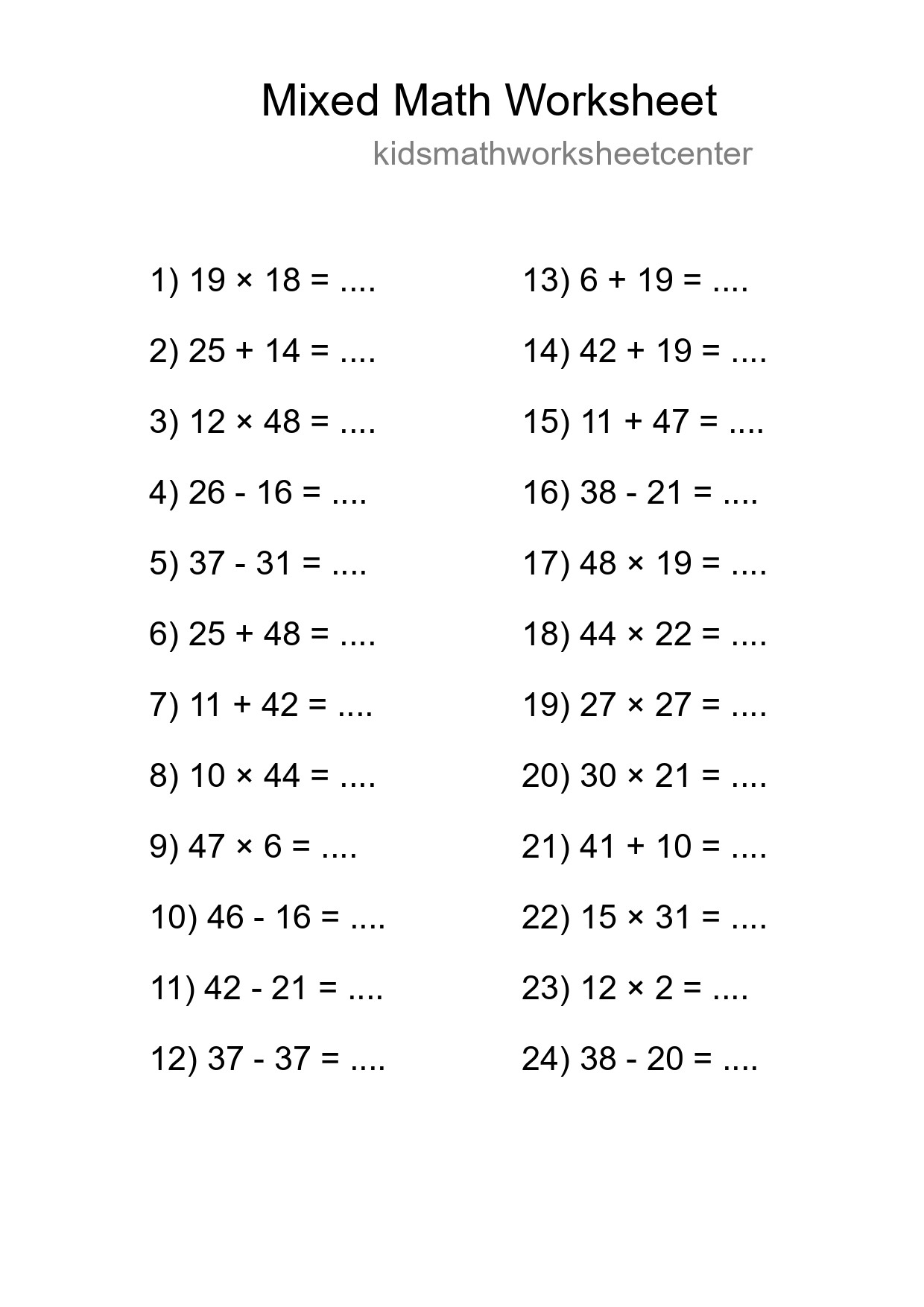 Mixed Operations Math Worksheet