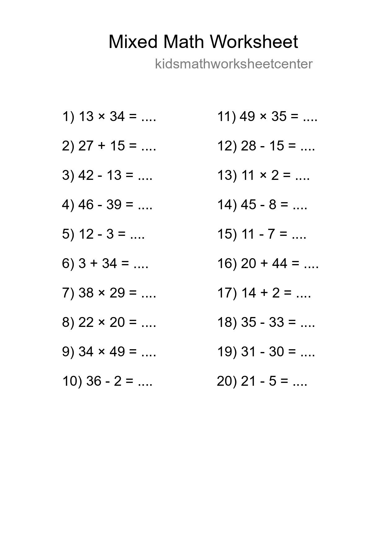Mixed Operations Math Worksheet