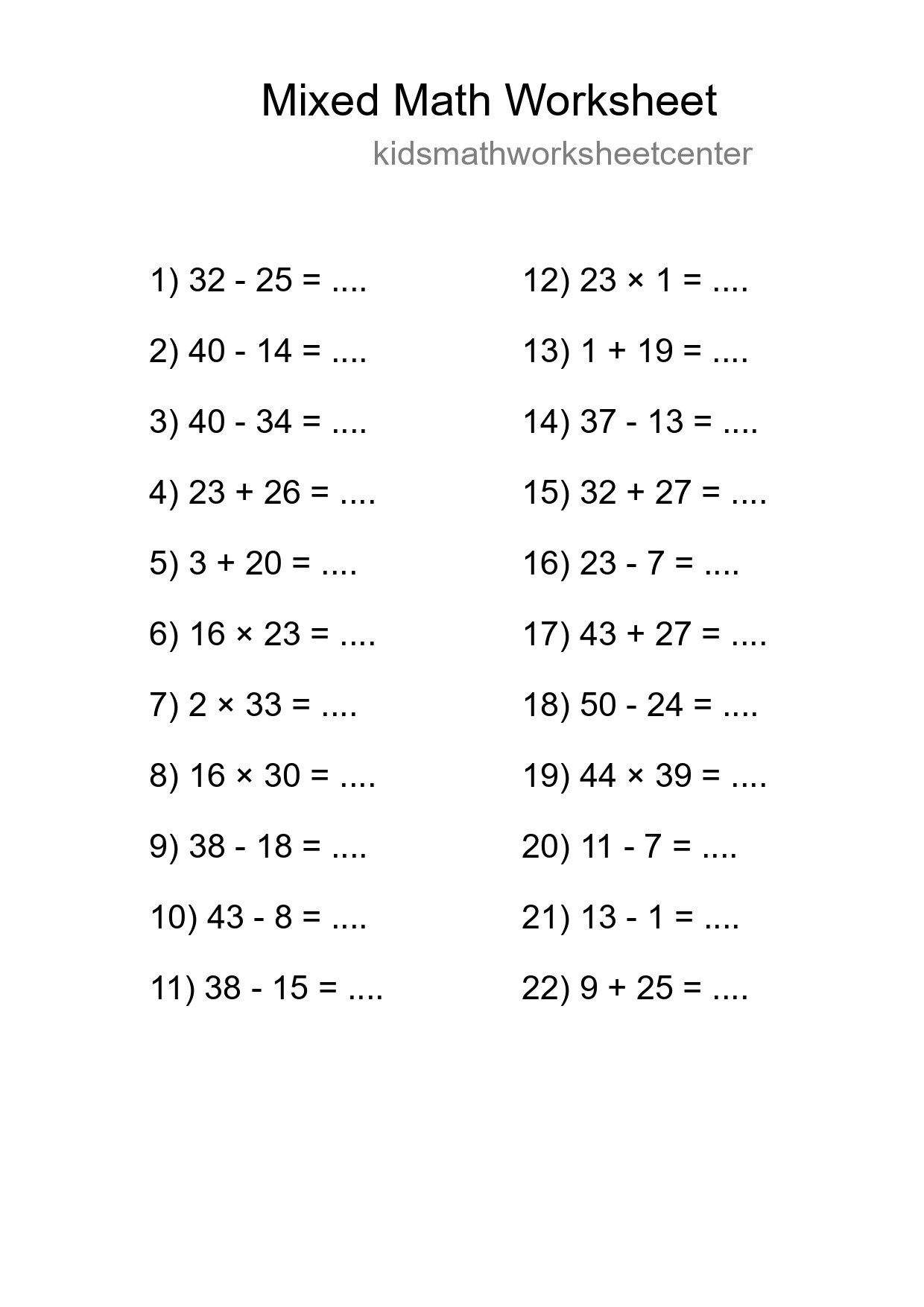 Mixed Operations Math Worksheet