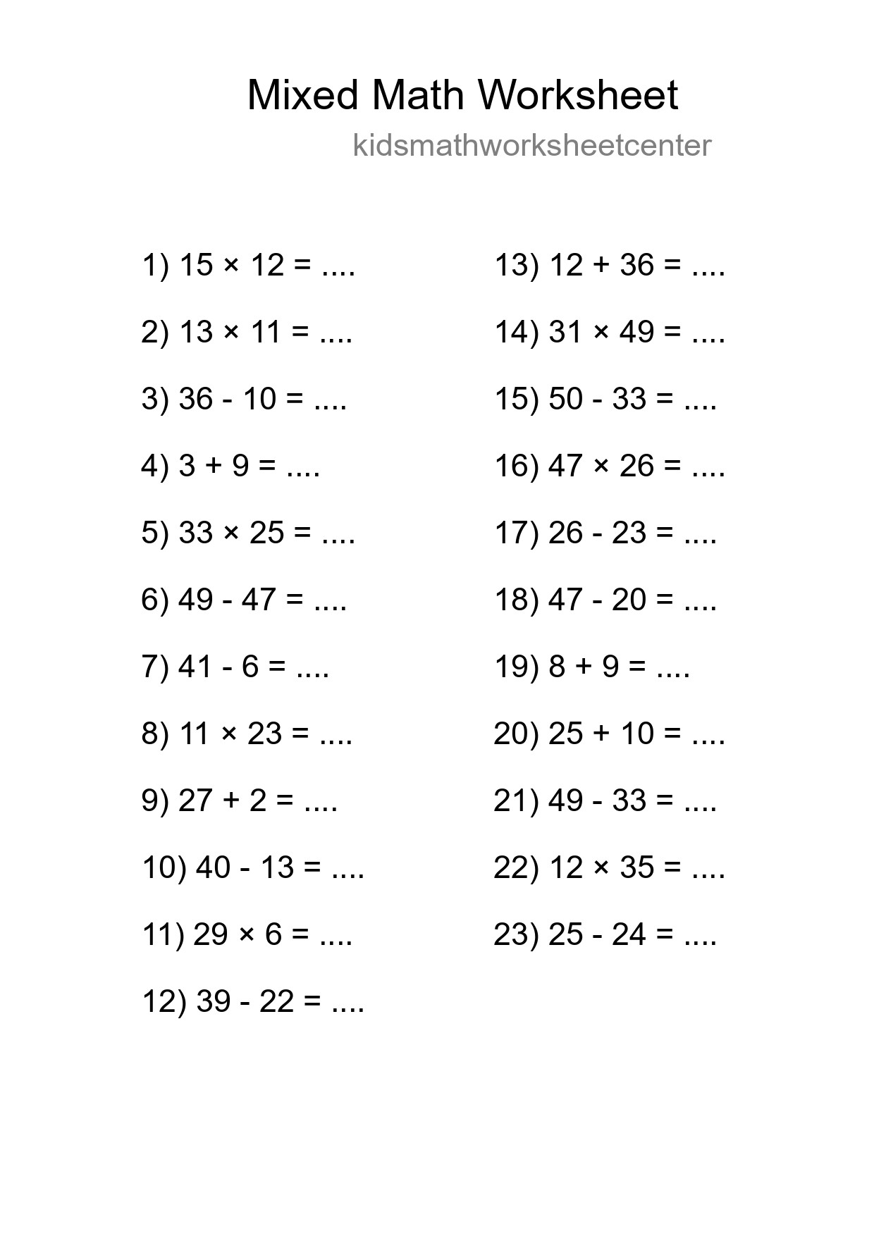 Mixed Operations Math Worksheet