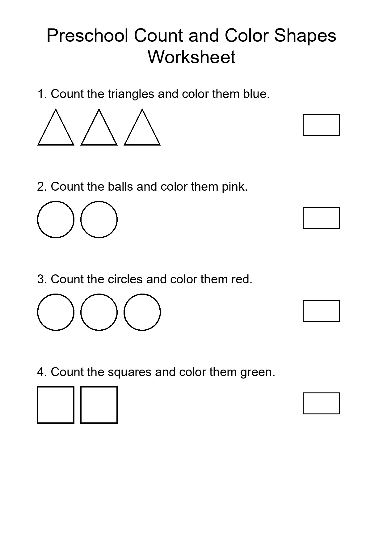 Preschool Count and Color Shapes Worksheet