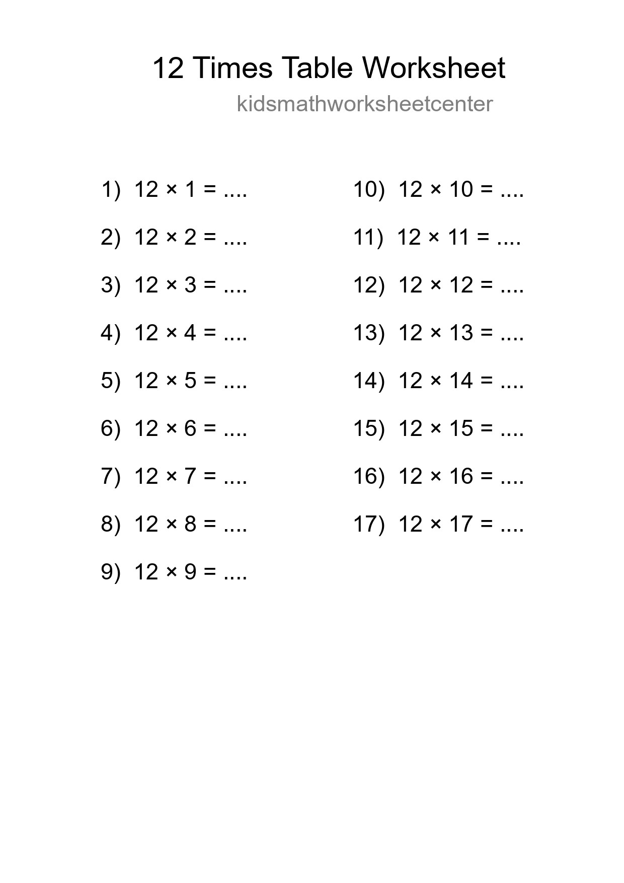 Printable 12 Times Table Worksheet For Grade 4 - Part 108