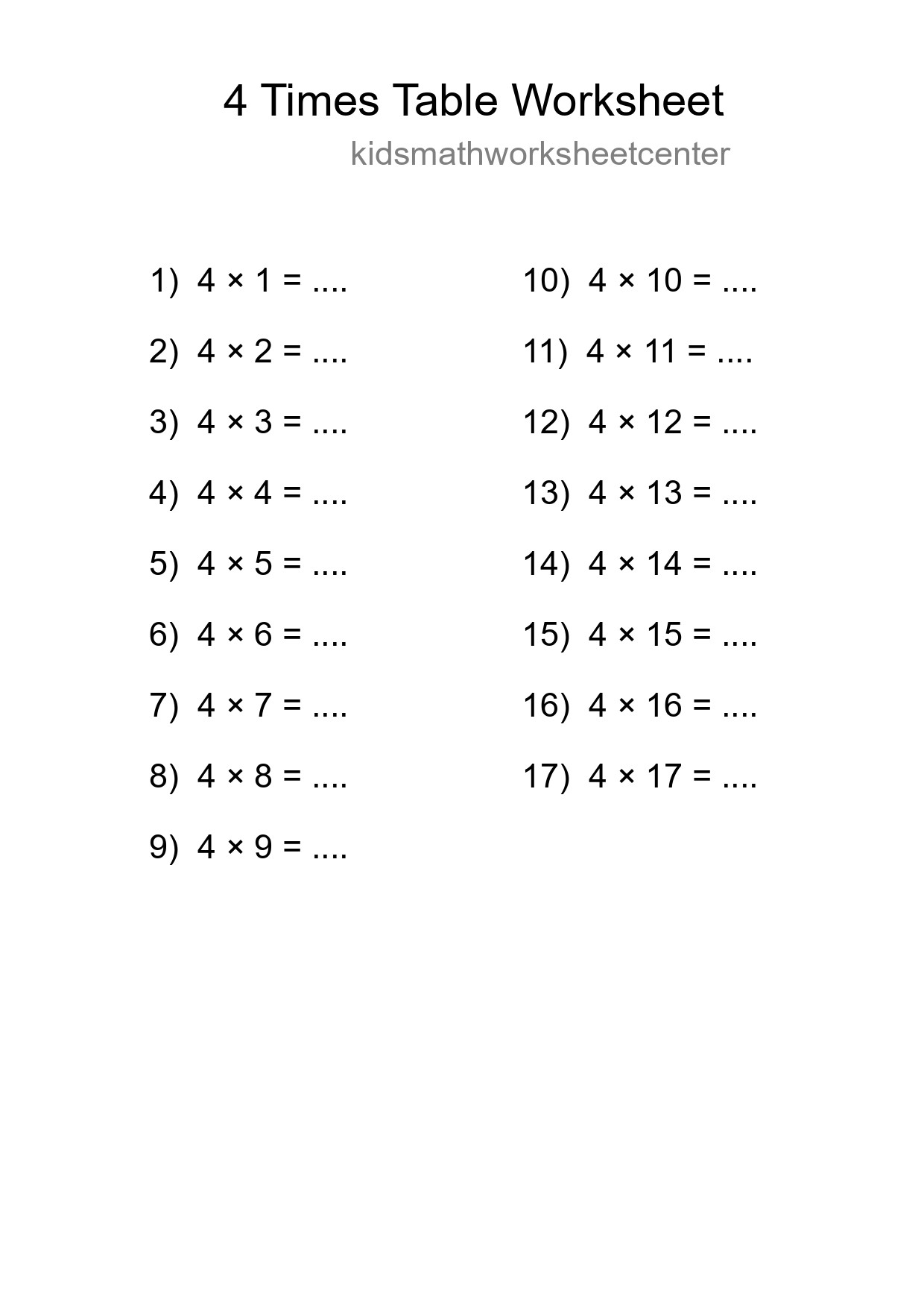Printable 4 Times Table Worksheet For Grade 2 - Part 75
