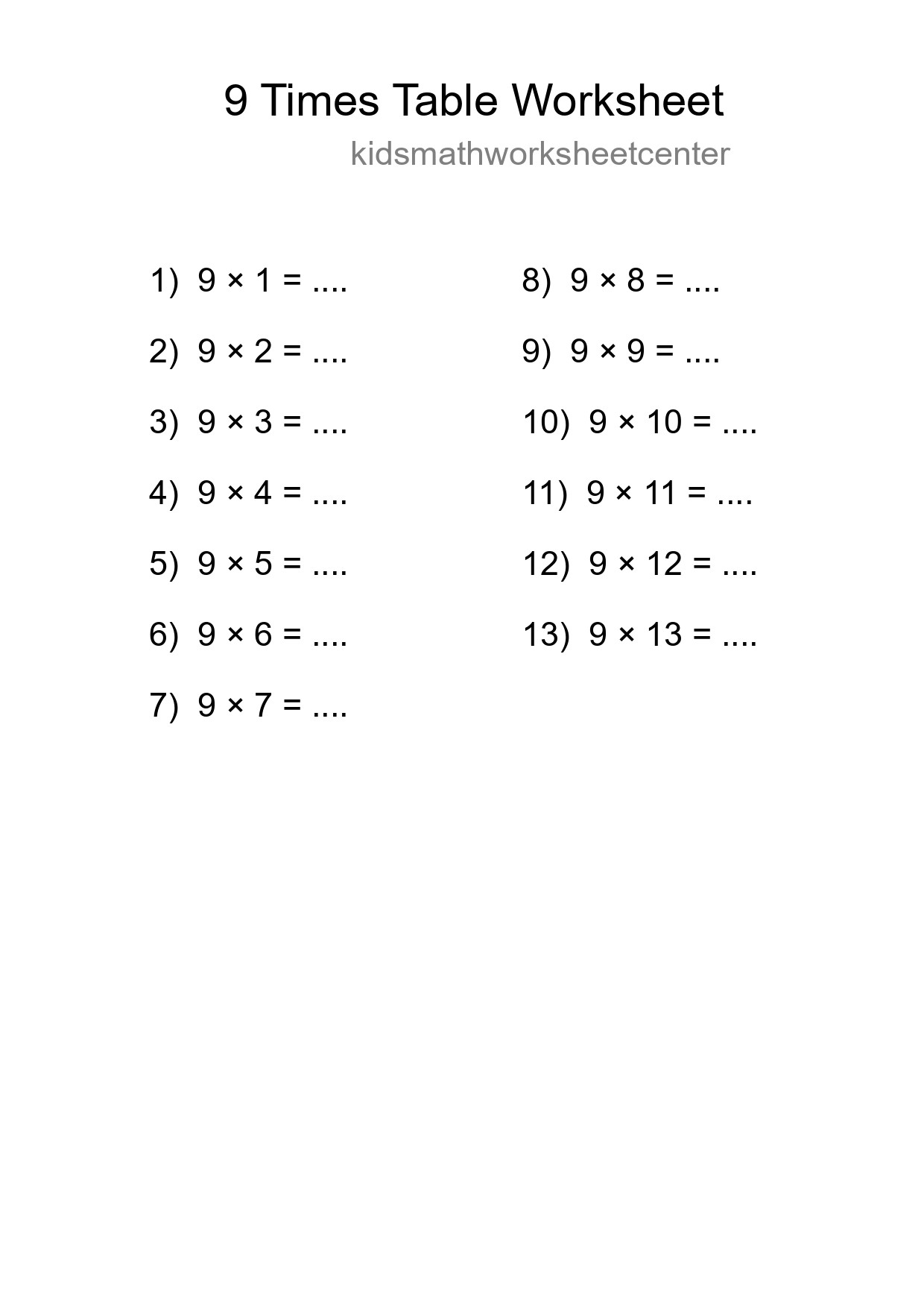 Printable 9 Times Table Worksheet For Grade 3 - Part 218