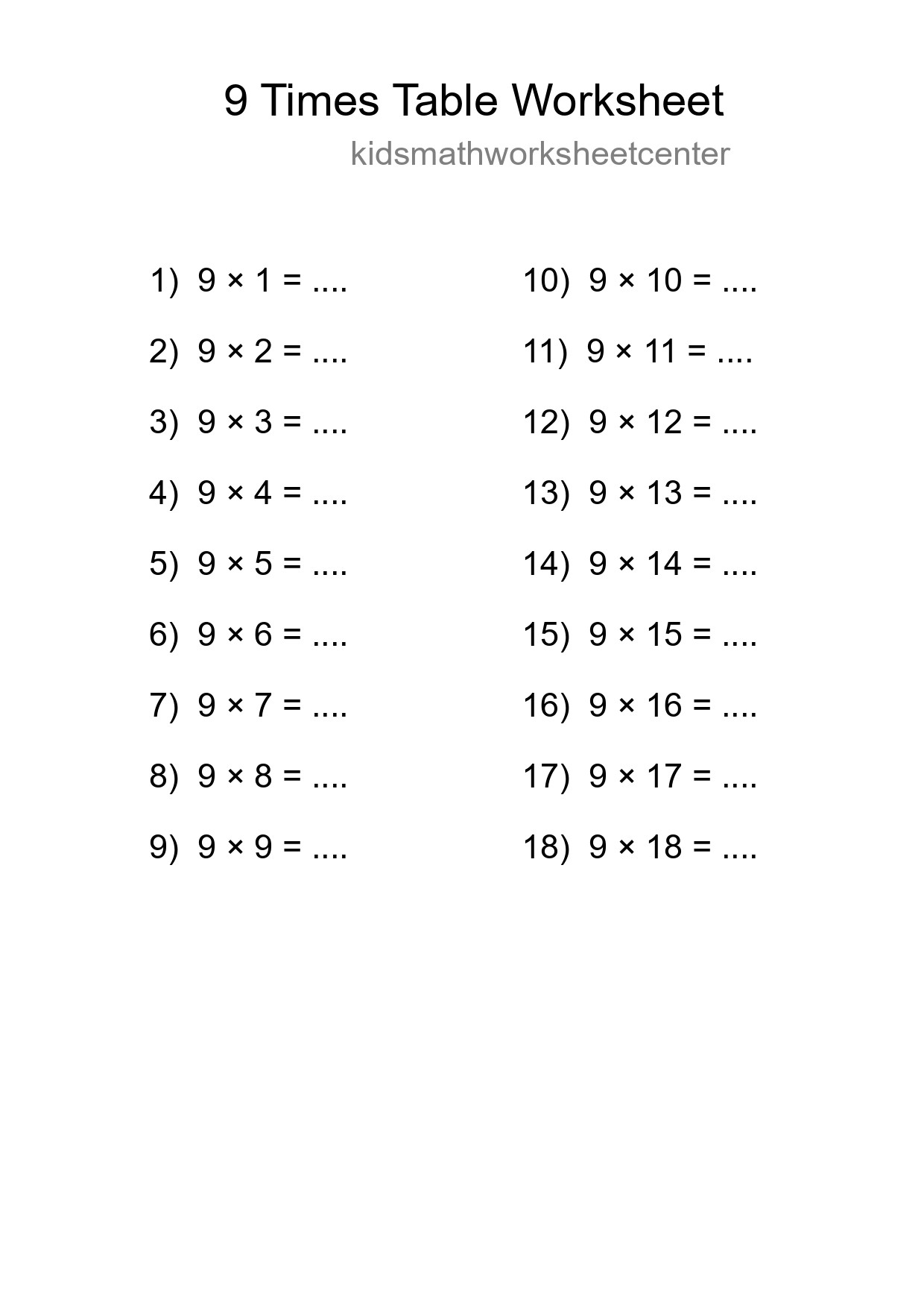 Printable 9 Times Table Worksheet For Grade 3 - Part 86