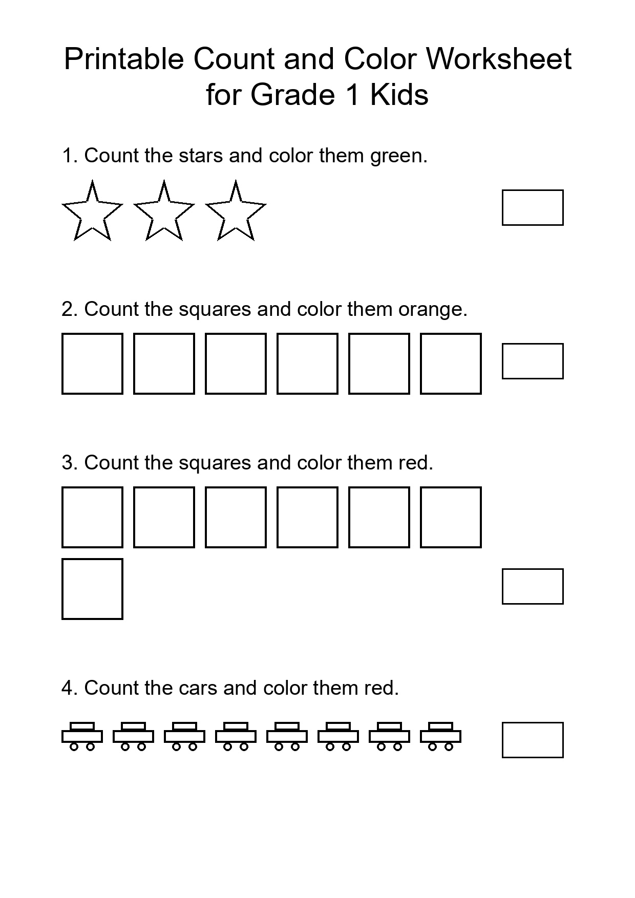 Printable Count and Color Worksheet for Grade 1 Kids