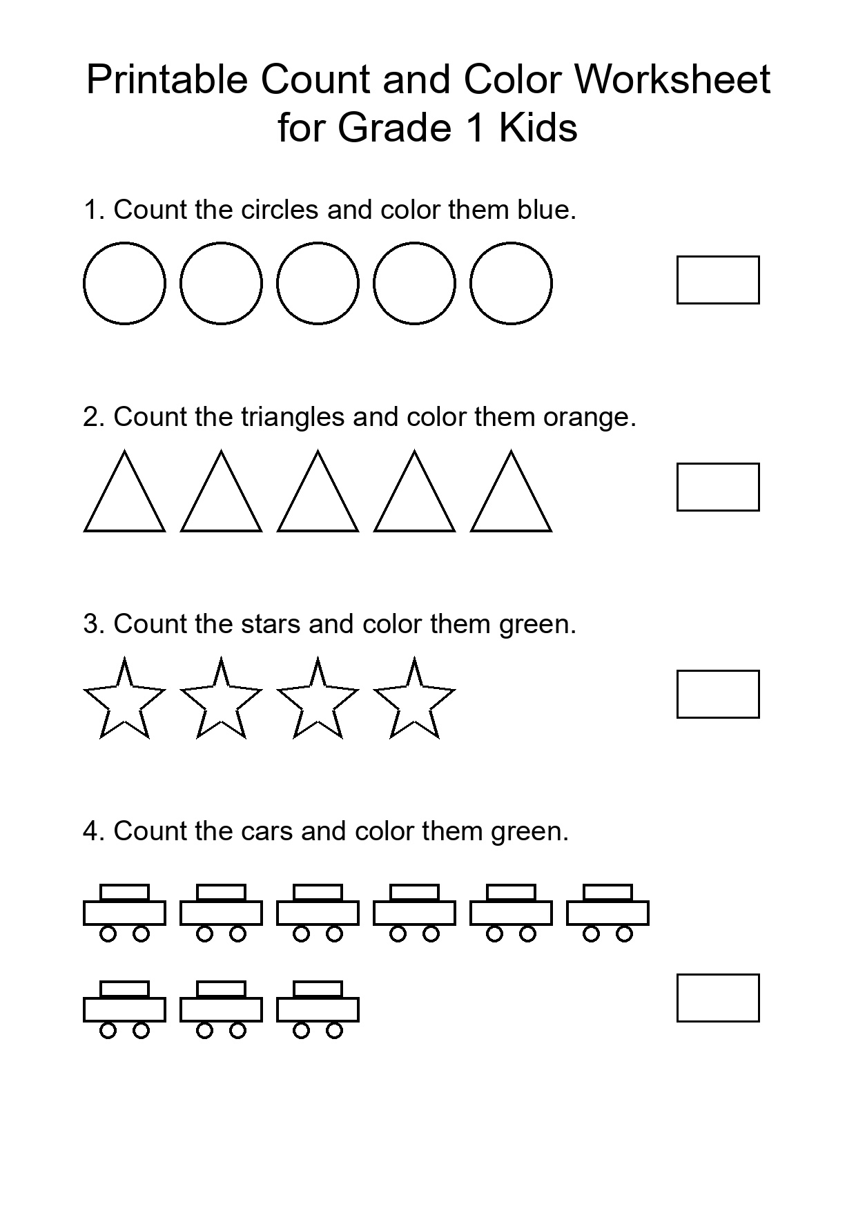 Printable Count and Color Worksheet for Grade 1 Kids