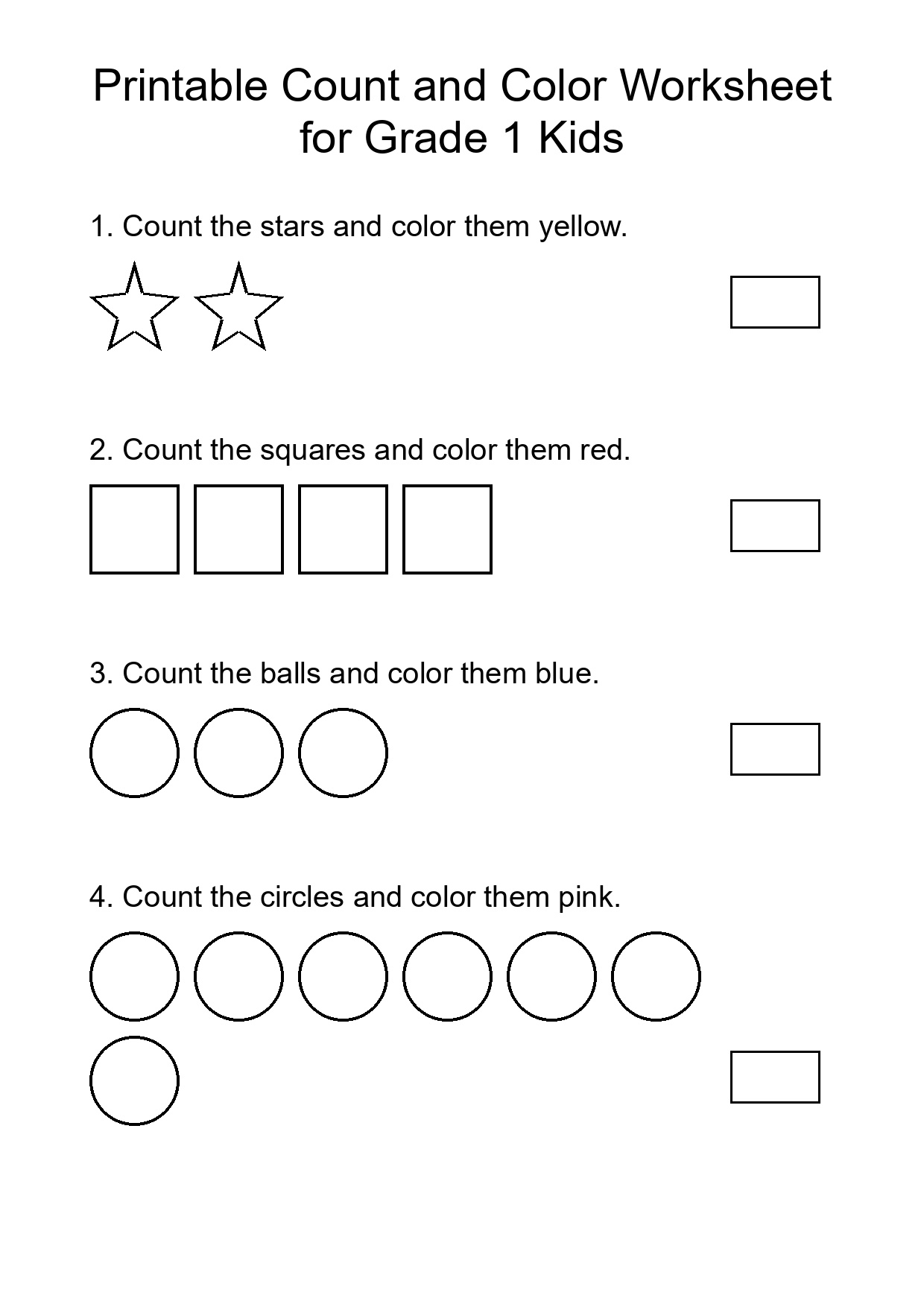 Printable Count and Color Worksheet for Grade 1 Kids