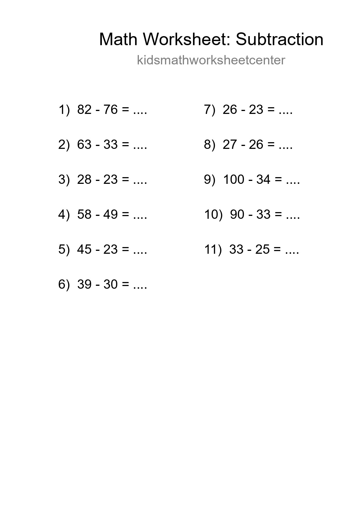 Printable Free 11 Subtraction Math Worksheet For Grade 3 - Part 206
