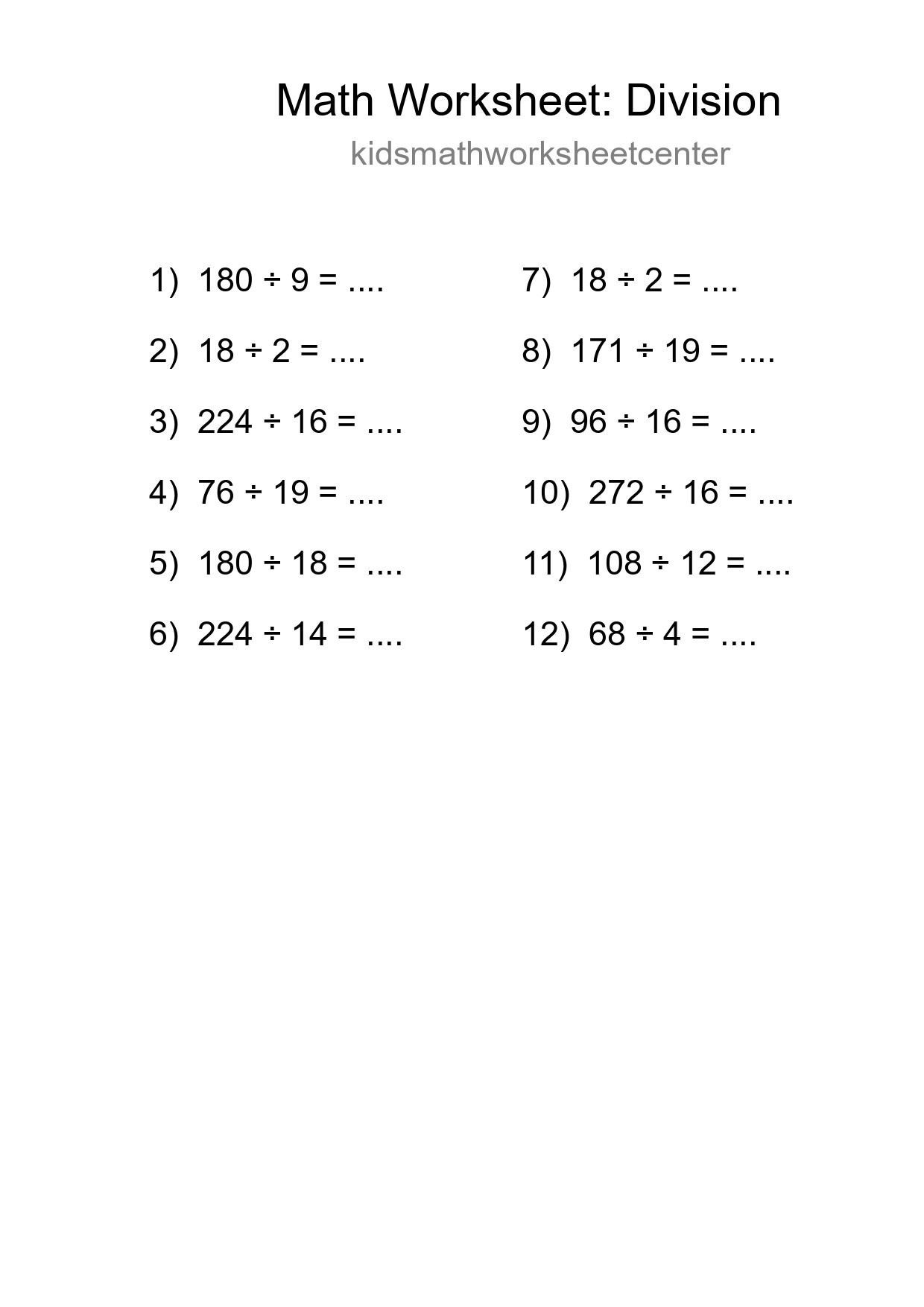 Printable Free 12 Division Math Worksheet For Grade 2 - Part 268