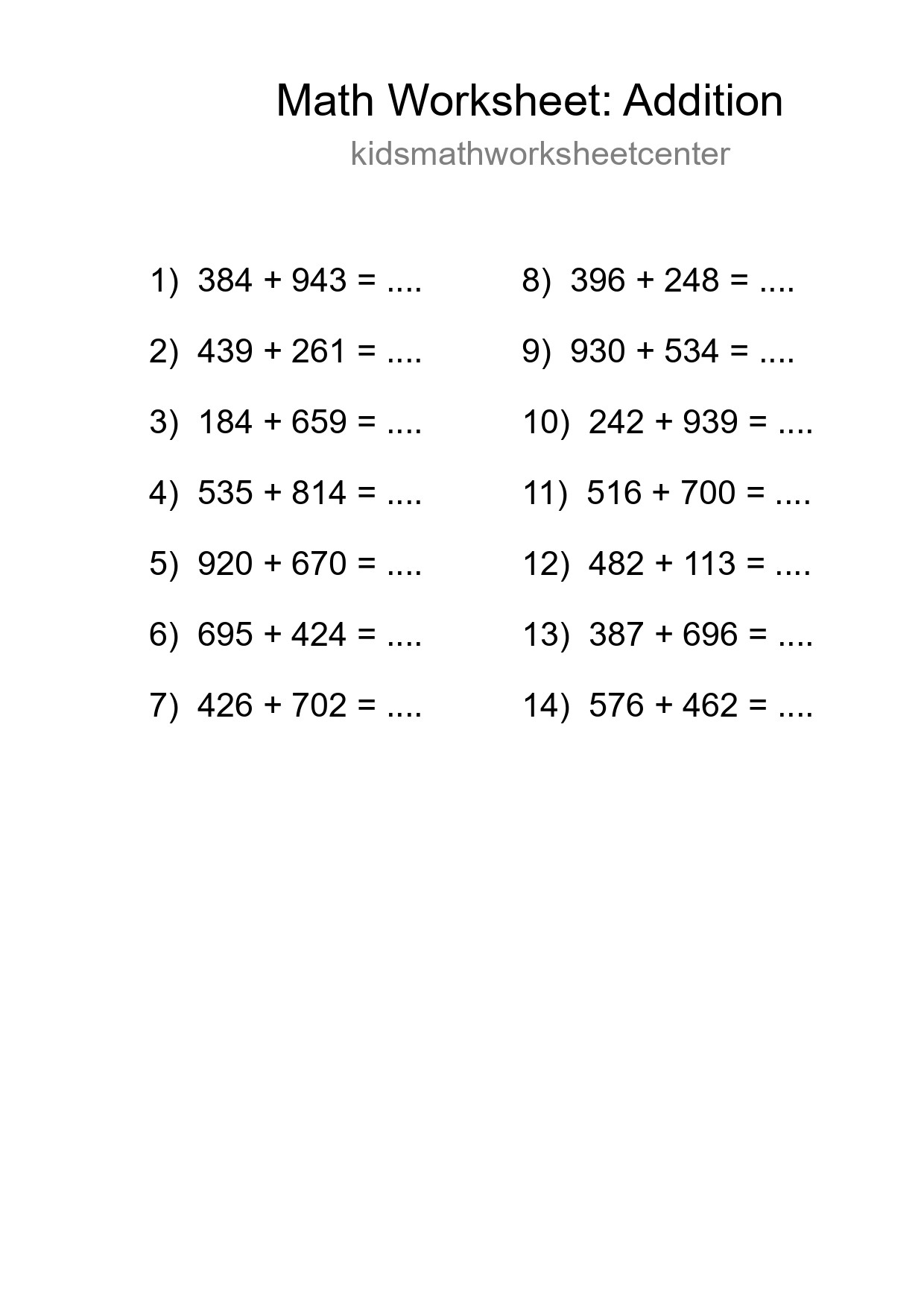 Printable Free 14 Addition Math Worksheet For Grade 5 - Part 177