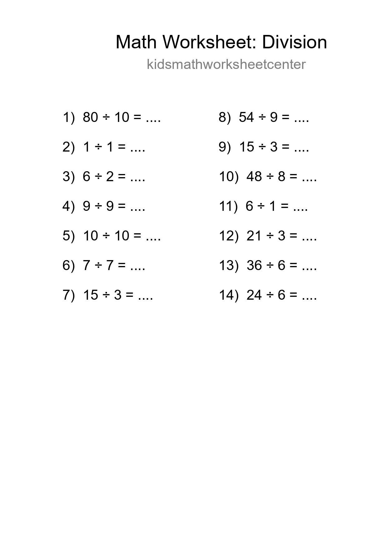 Printable Free 14 Division Math Worksheet For Grade 1 - Part 26