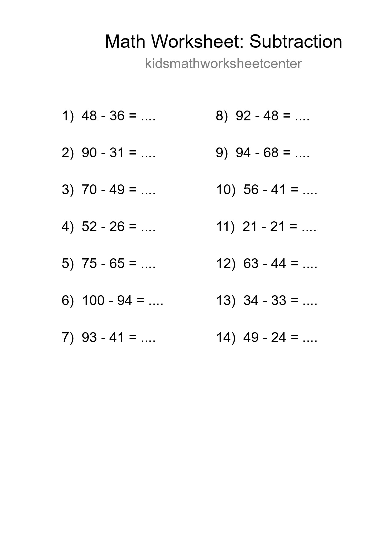 Printable Free 14 Subtraction Math Worksheet For Grade 3 - Part 129