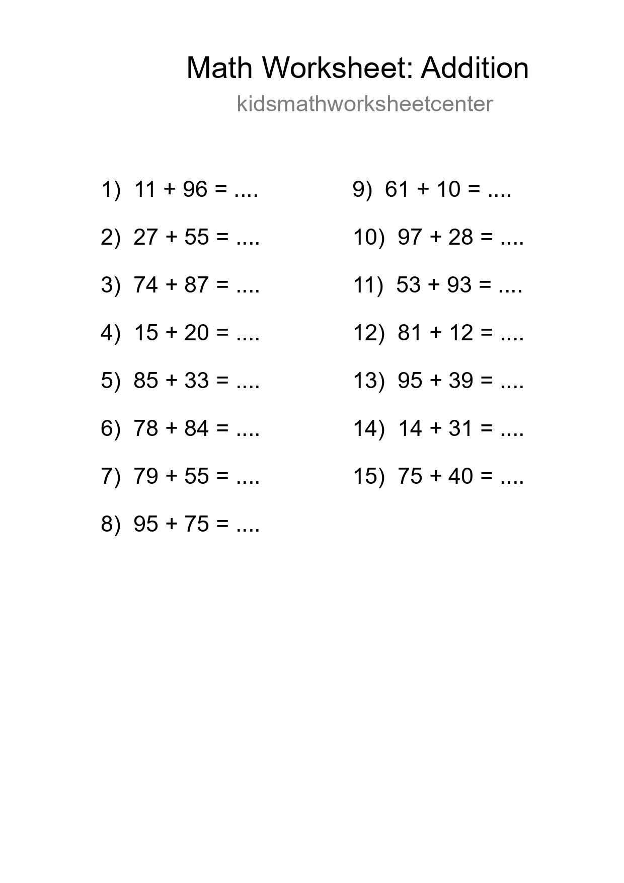 Printable Free 15 Addition Math Worksheet For Grade 3 - Part 265