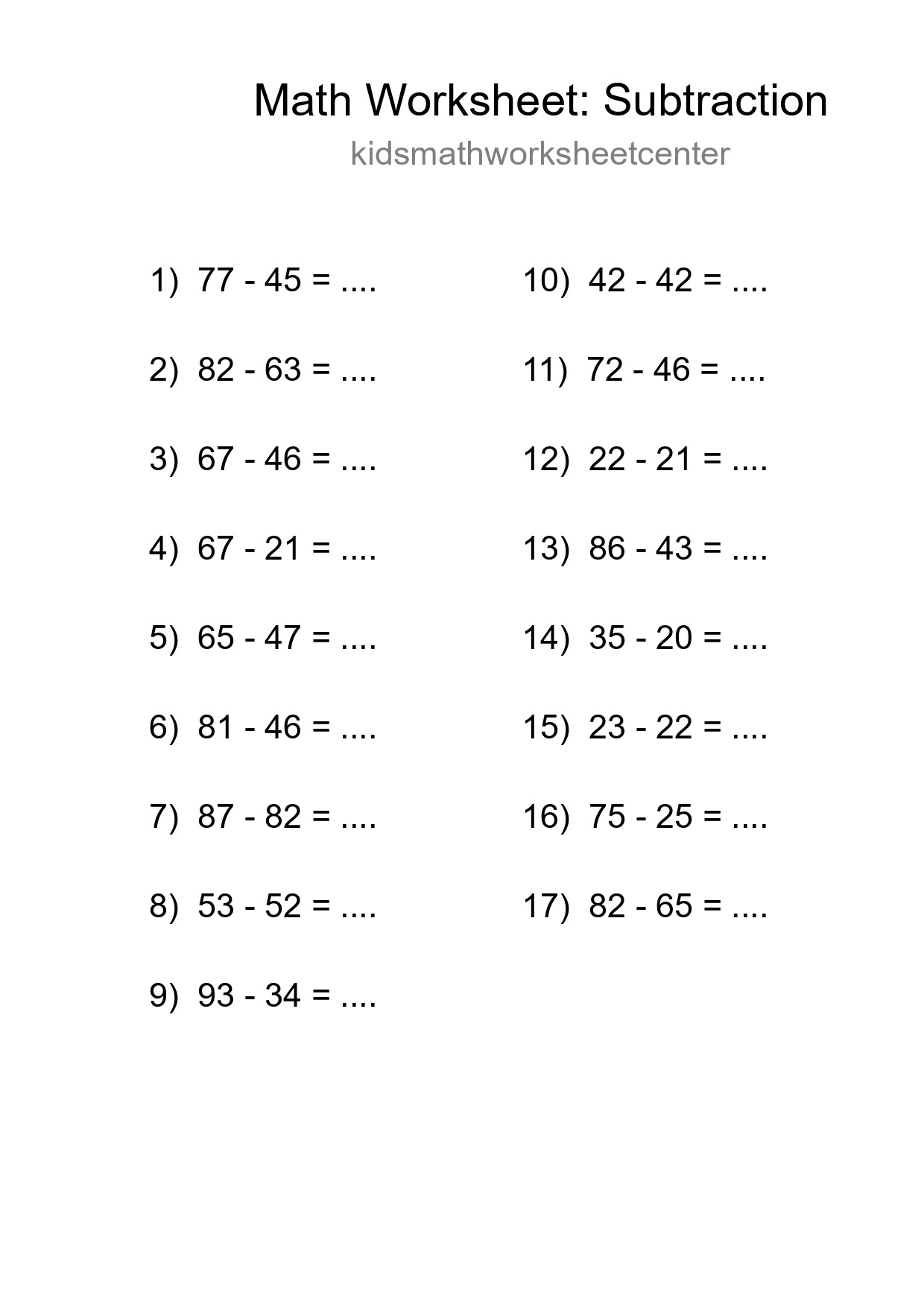 Printable Free 17 Subtraction Math Worksheet For Grade 3 - Part 162